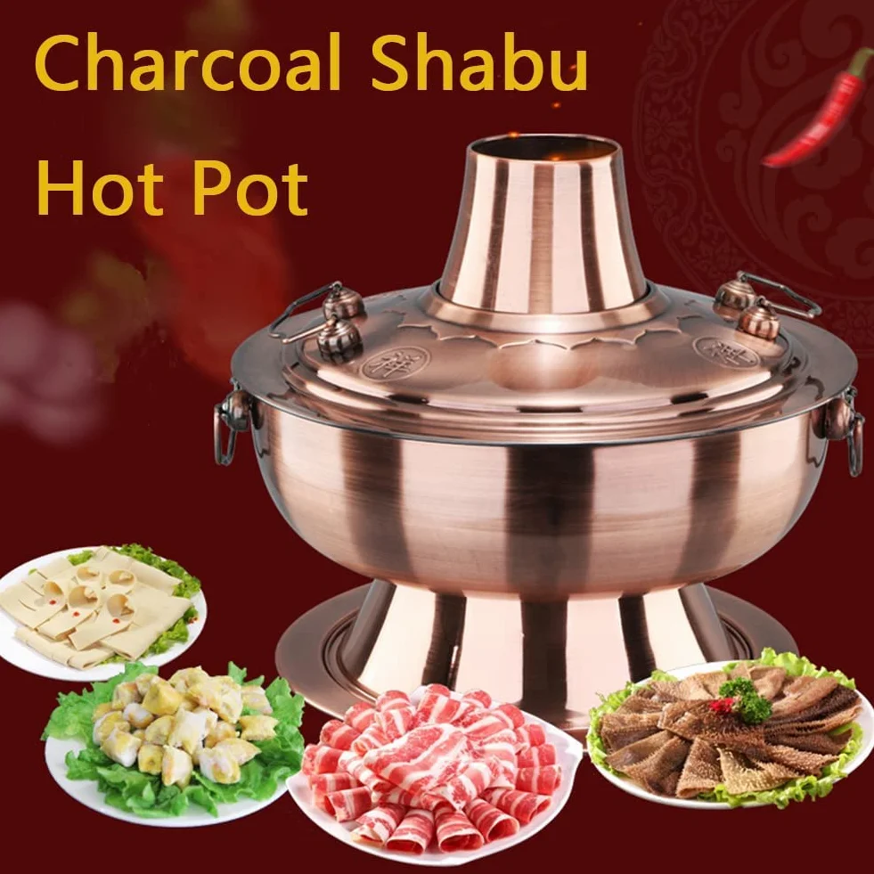 Olla de carbón caliente Shabu - Olla de sopa vintage de cobre con chimenea, diseño de acero inoxidable para reuniones familiares de 3 a 6 personas, perfecta para fiestas