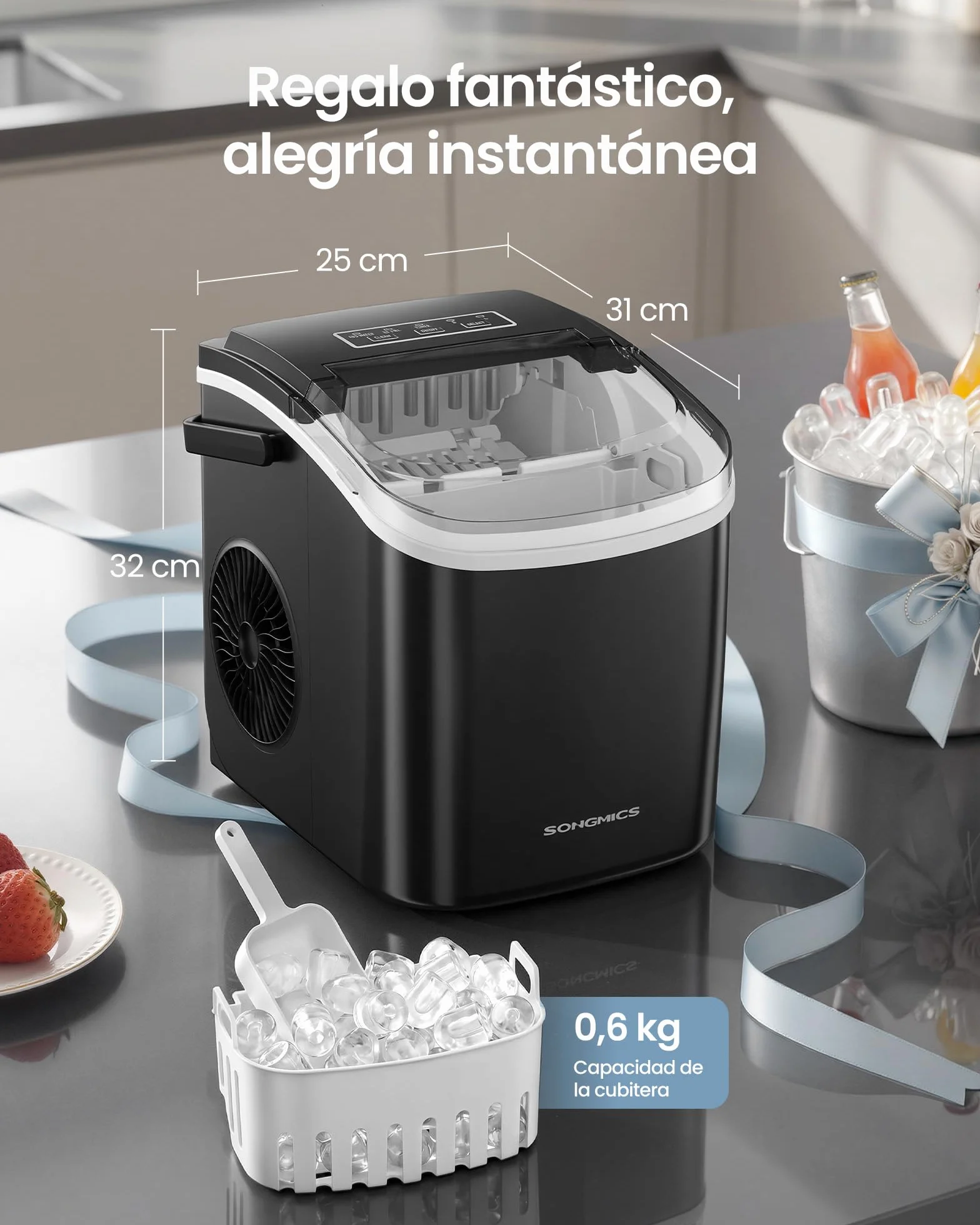 SONGMICS Máquina de Hielo, Máquina de Cubitos Autolimpiante, 9 Cubitos en 6 Minutos en 2 Tamaños, 12 kg en 24 Horas, Portátil, Casa, Cocina, Oficina, Fiestas Camping, Negro Tinta XZB001B1EU