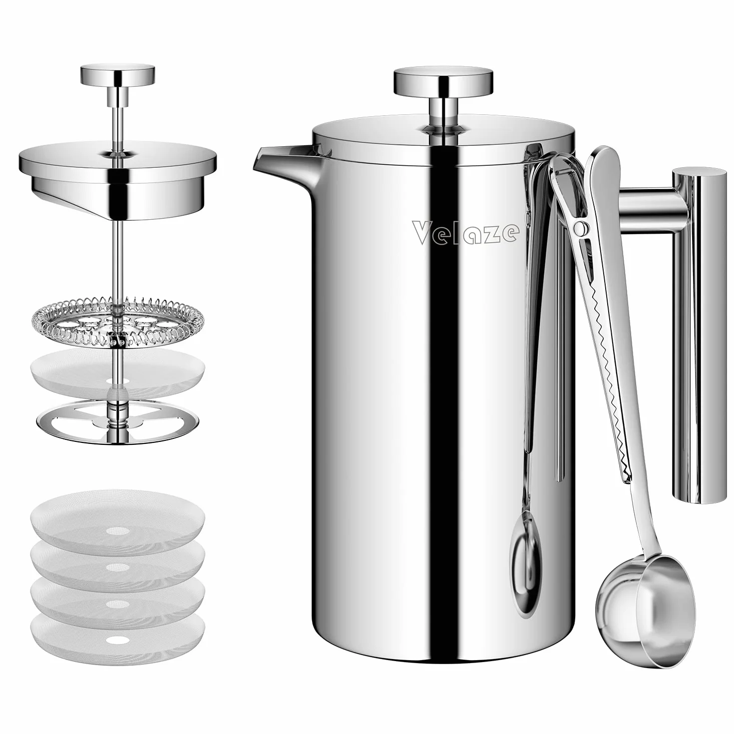 Velaze - Cafetera de émbolo (acero inoxidable, 350 ml, para 2 tazas, doble pared, cafetera, con 5 flitros y cuchara-S
