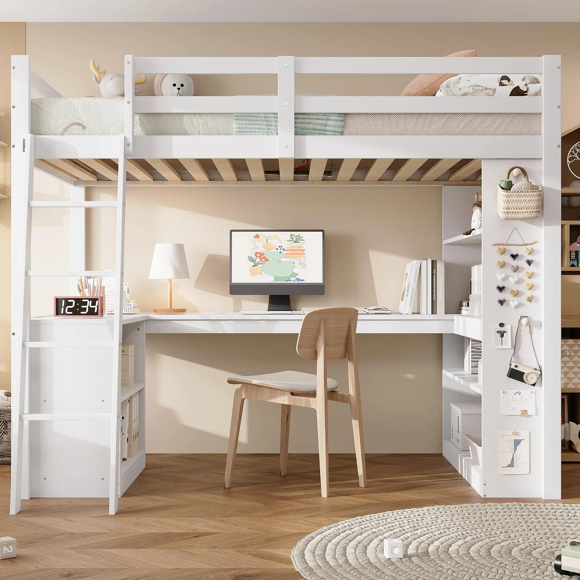 SUKY Cama Alta 90x200 cm con Estante de Almacenamiento y Barandilla de Seguridad