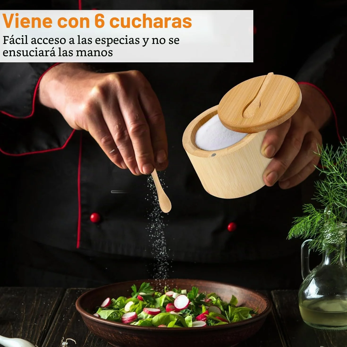 2 Salero para Cocina Bambú, Wood Salt Cellar Bowl Box, Recipiente para Sal de Cocina, Wooden Salt Box, con Tapa Giratoria & Cuchara, para Sal, Especias (9 x 9 x 7 cm)