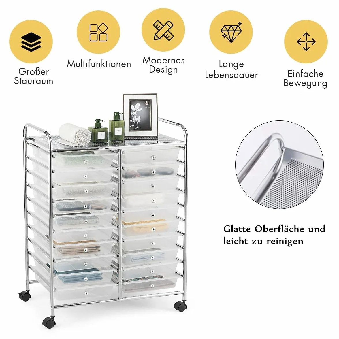 RELAX4LIFE Carrito de Almacenamiento con 20 Cajones y 1 Estante Superior, Carrito Auxiliar de 10 Niveles con 4 Ruedas Universales y 2 Frenos, Carro Multiusos para Baño, Cocina, Salón (Transparente)