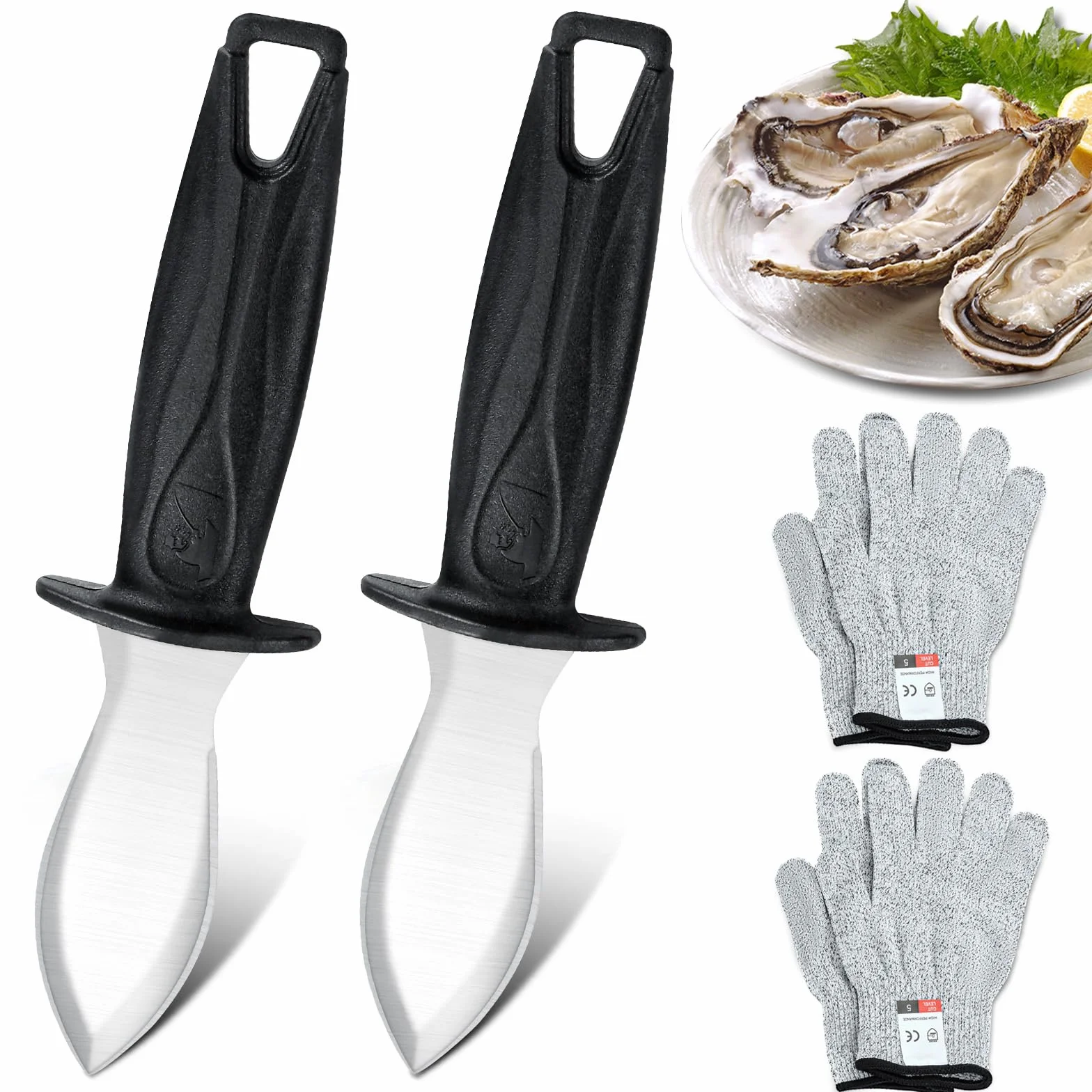 Bestdin juego de cuchillos para ostras, cuchillo para ostras de 2 piezas con 2 pares de guantes, abridor de ostras de acero inoxidable con mango ergonómico