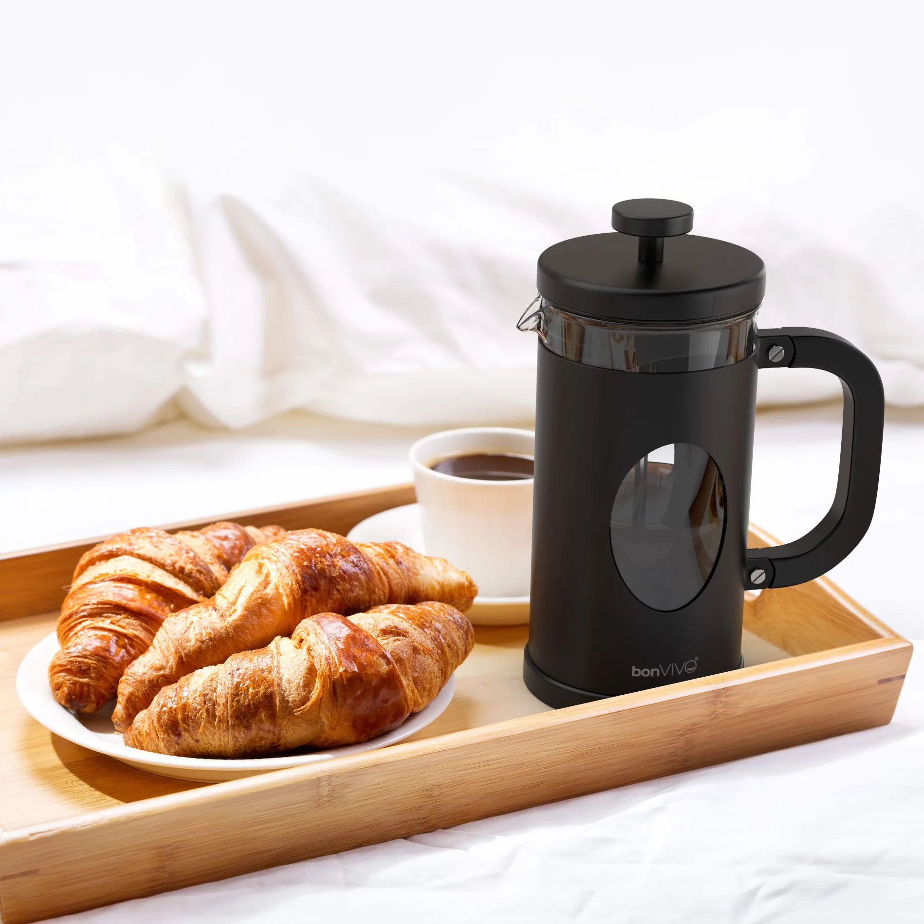 bonVIVO Cafetera Francesa 1 Litro (8 Tazas) – Prensa Francesa de Cristal Borosilicato con Filtro de Acero Inoxidable – French Press para Café, Té y Cold Brew – Negro