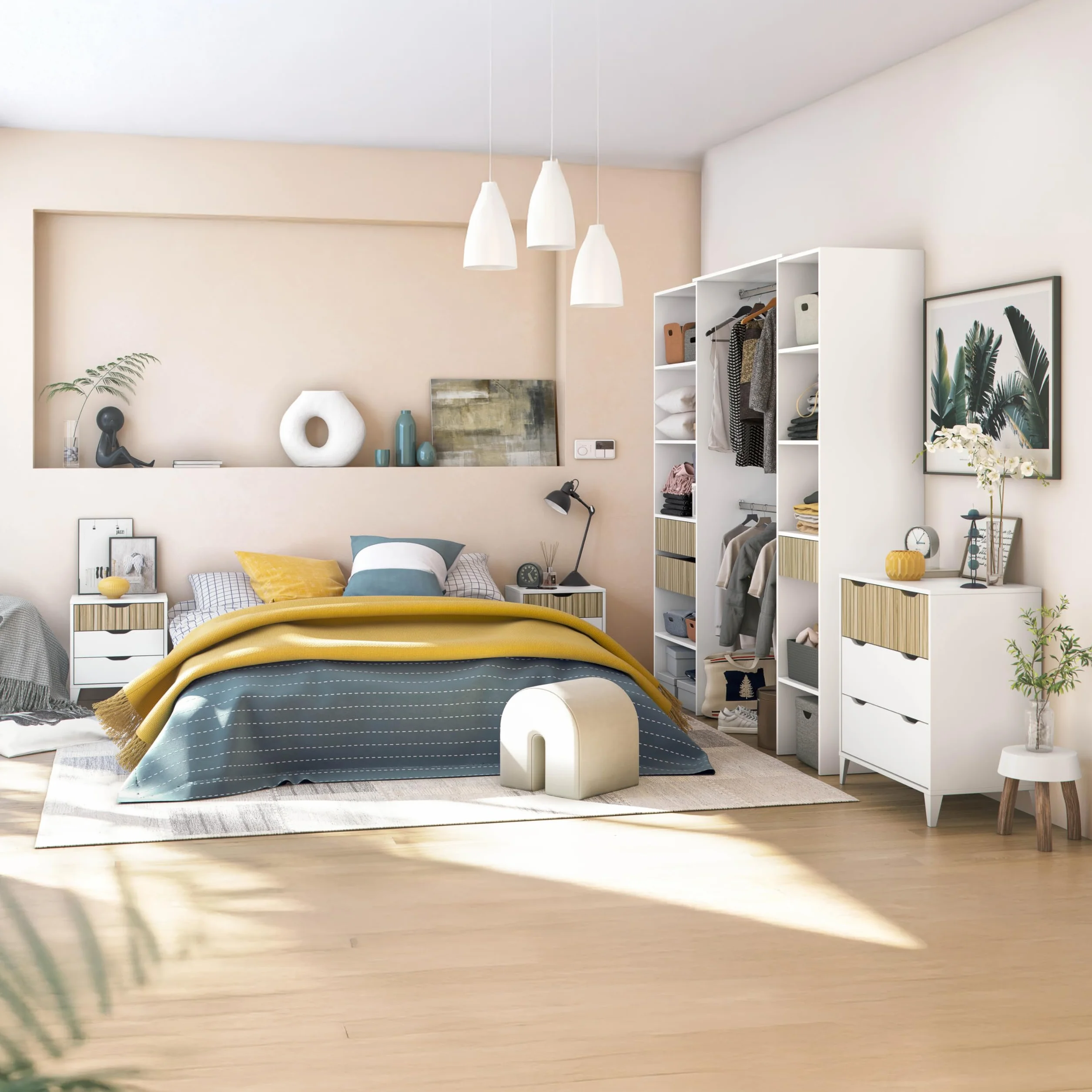 duehome | Pack de Dormitorio con 2 Mesitas de Noche + Comoda, Conjunto de Dormitorio, Modelo Nitza On 3C, Acabado en Blanco Artik y Roble Natur