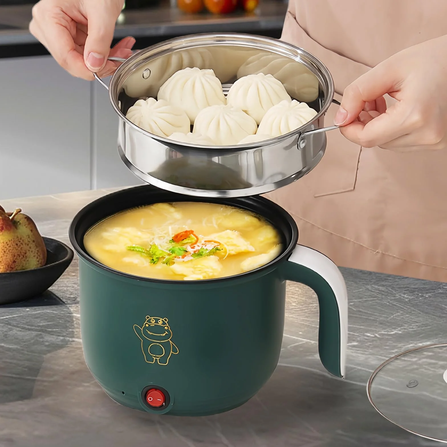 Olla Caliente Eléctrica con Vaporera 1.5L, Mini Sartén Eléctrica Portátil Multifuncional para Cocinar Ramen