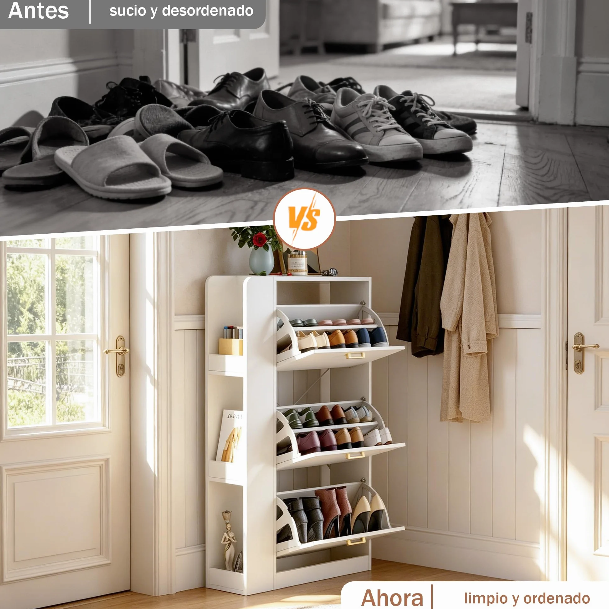 Mueble Zapatero 3 Puertas Zapatero Estrecho con 3 Compartimentos para 18-24 Pares de Zapatos, Armarios Zapatos para Sala de Estar, Pasillo de Entrada, 73,5x24x118cm Blanco