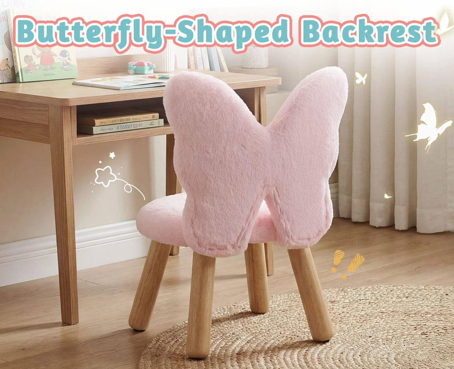 chairus Silla Infantil con Respaldo en Forma de Mariposa, Sillón Infantil de Pelo Sintético Silla para Niñas con Patas de Madera, Rosa