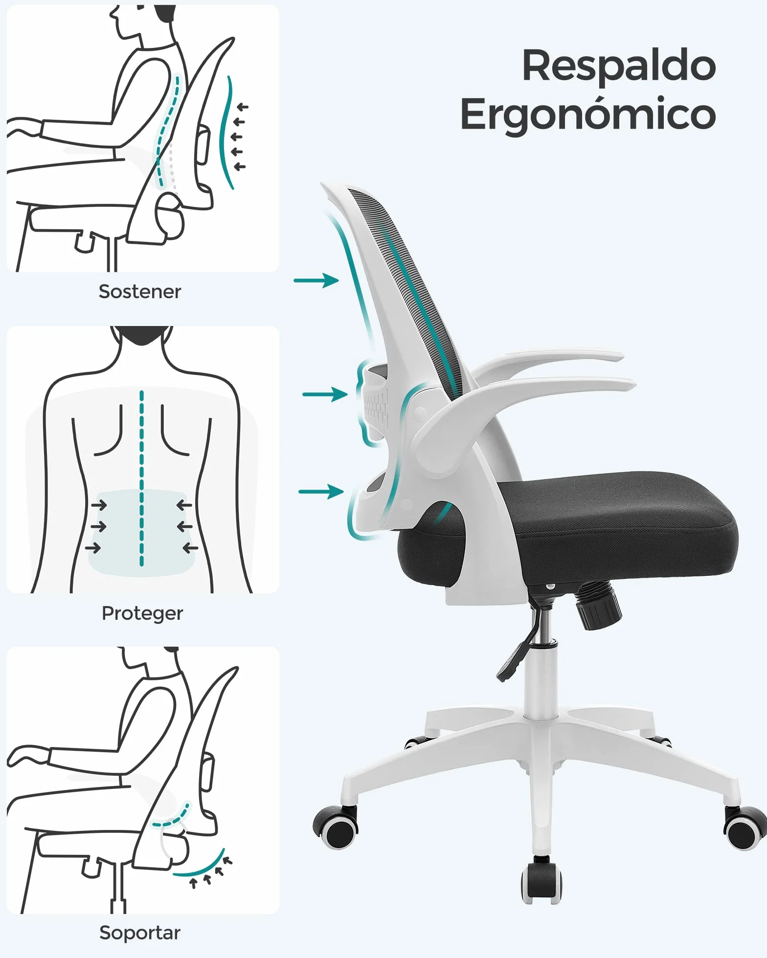 SONGMICS Silla de Oficina Ergonómica Giratoria Altura Ajustable Apoyabrazos Abatibles Blanco y Negro