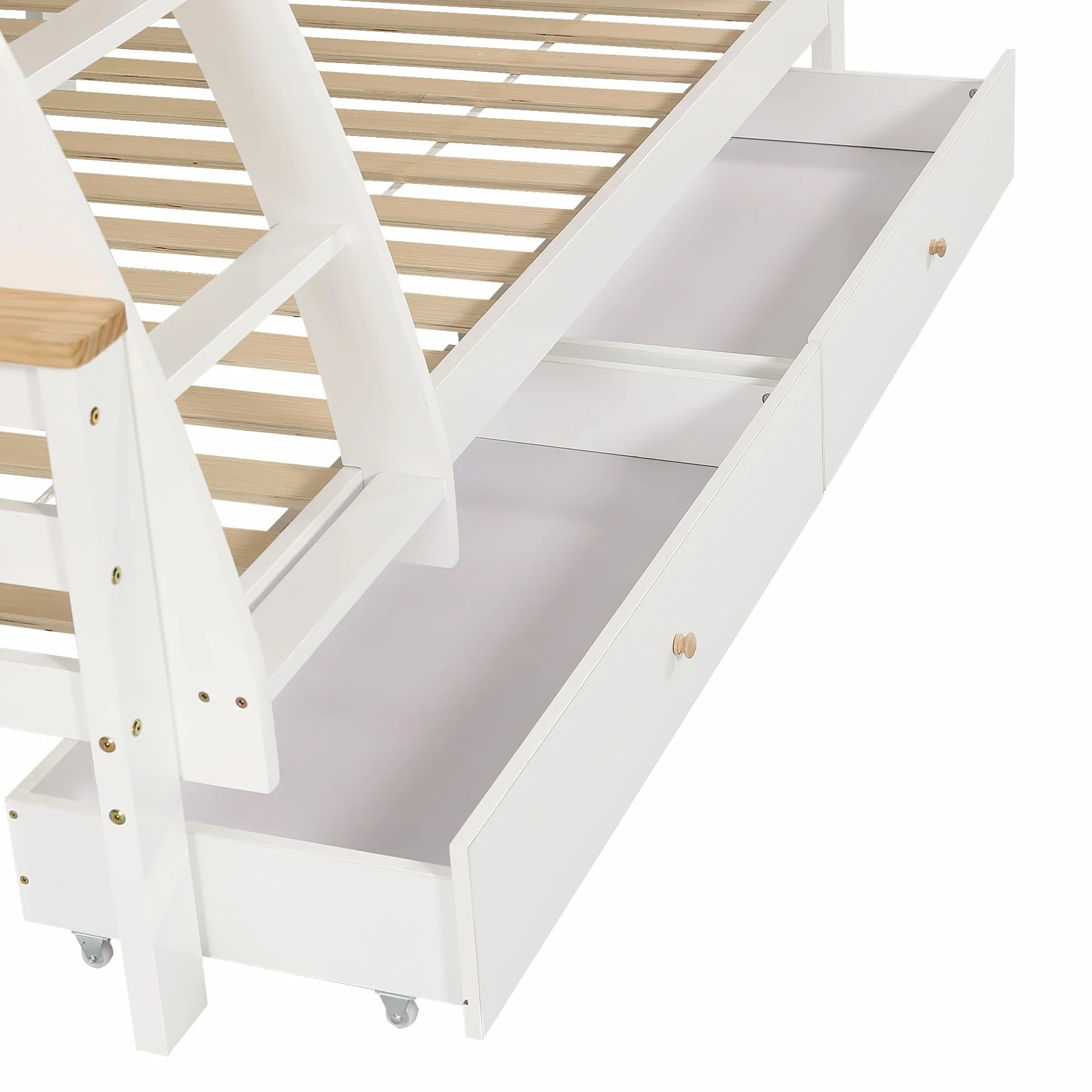 Litera, cuna, dos cajones con ruedas, exquisita barandilla decorativa y diseño de techo, escalera inclinada de cuatro pisos, pino + MDF, blanco + natural, 90 x 200 cm y 120 x 200 cm