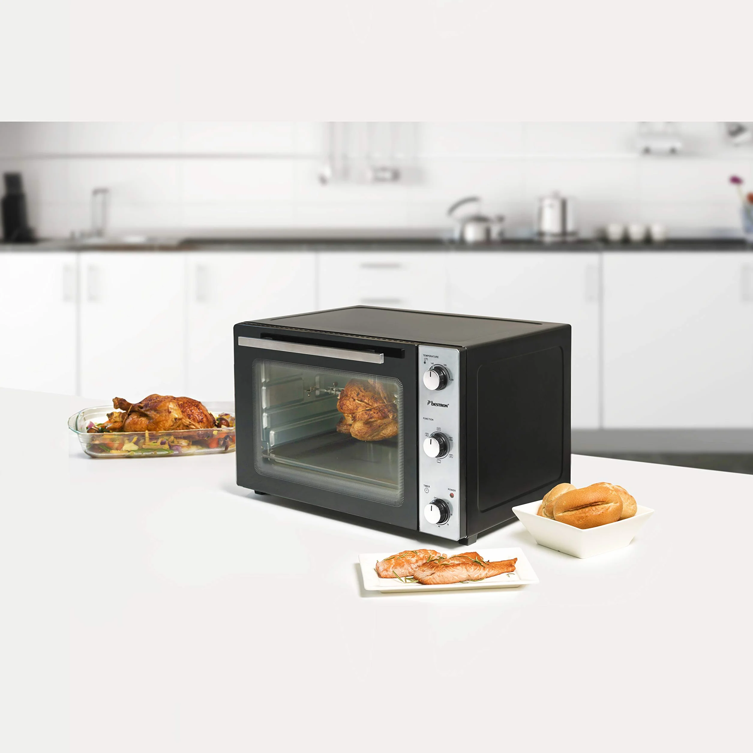 Bestron Mini Horno 2 en 1 con Pincho Giratorio, 45 Litros, 1800 W, Acero inoxidable, Negro