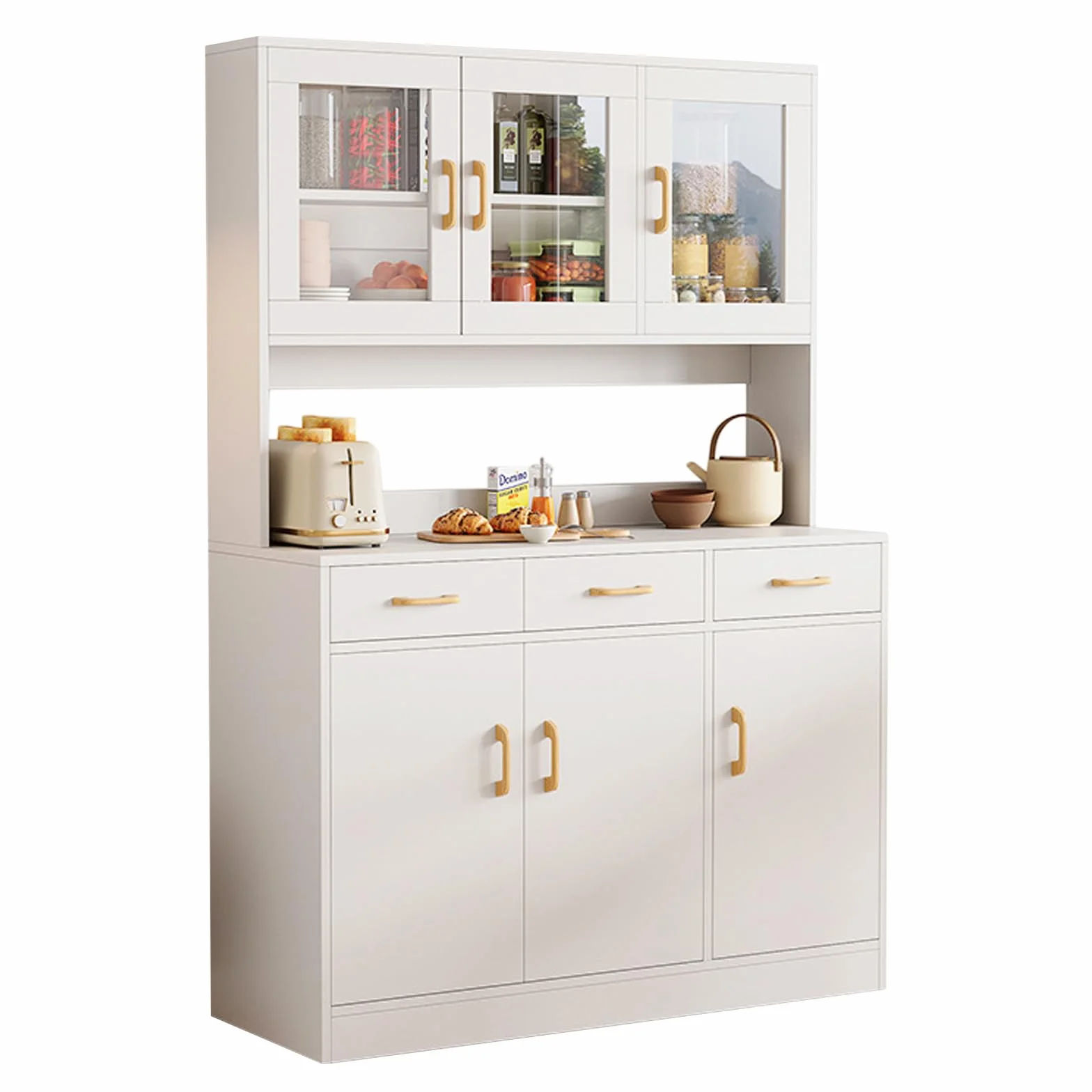 Armario de cocina, armario de 170 cm, armario alto de madera, armario multiusos con cajones y puerta de cristal, armario abierto con encimera, color blanco