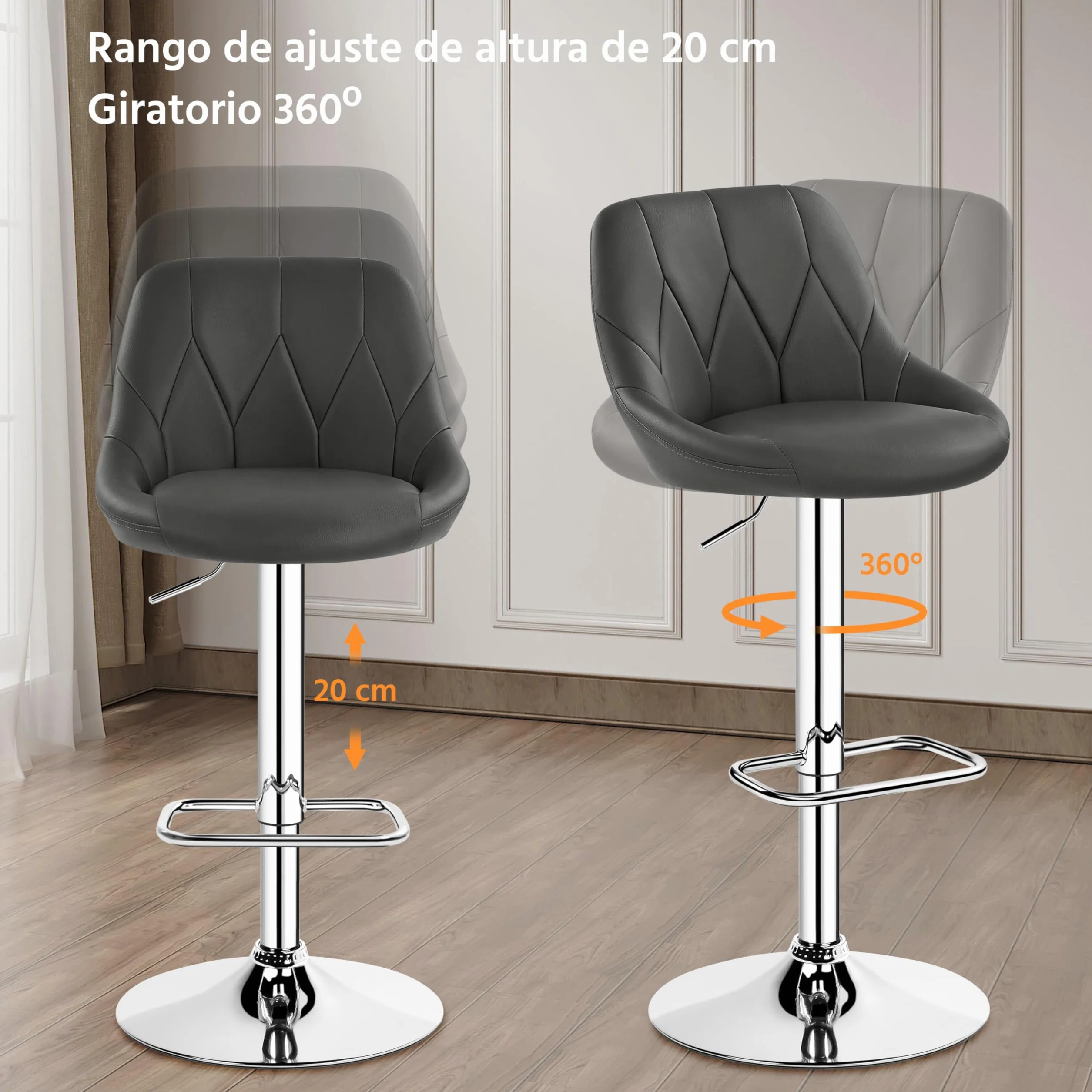 Yaheetech Juego de 2 Taburetes de Bar Ajustables 86-107,5 cm Asiento Giratorio Gris Oscuro