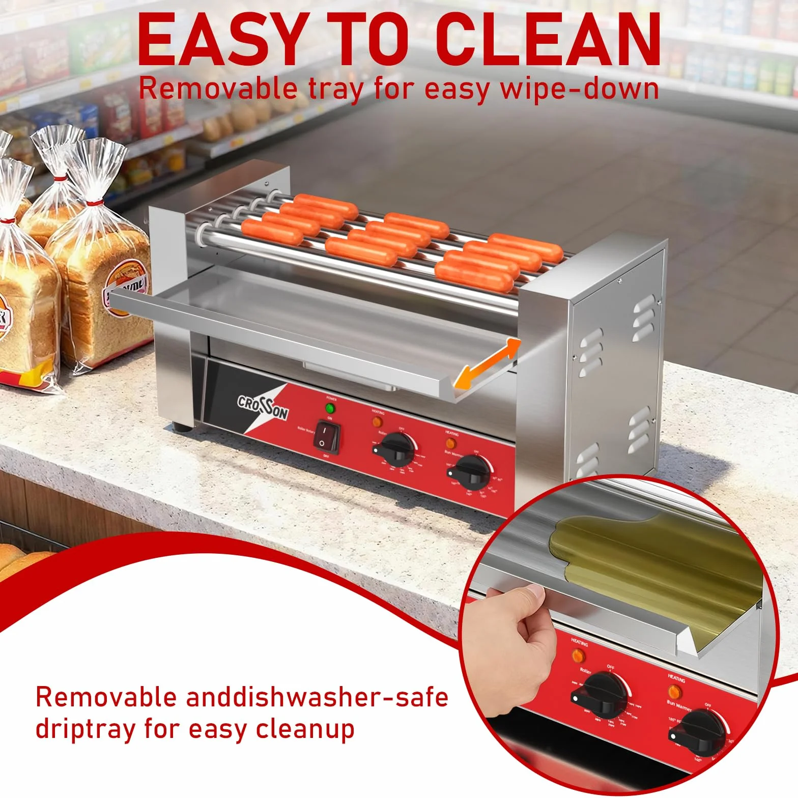 CROSSON Maquina Perritos Calientes 7 Rollos con Calentador de pan,Hot Dog Maquina Comercial de Acero Inoxidable con Control de Temperatura,1050W