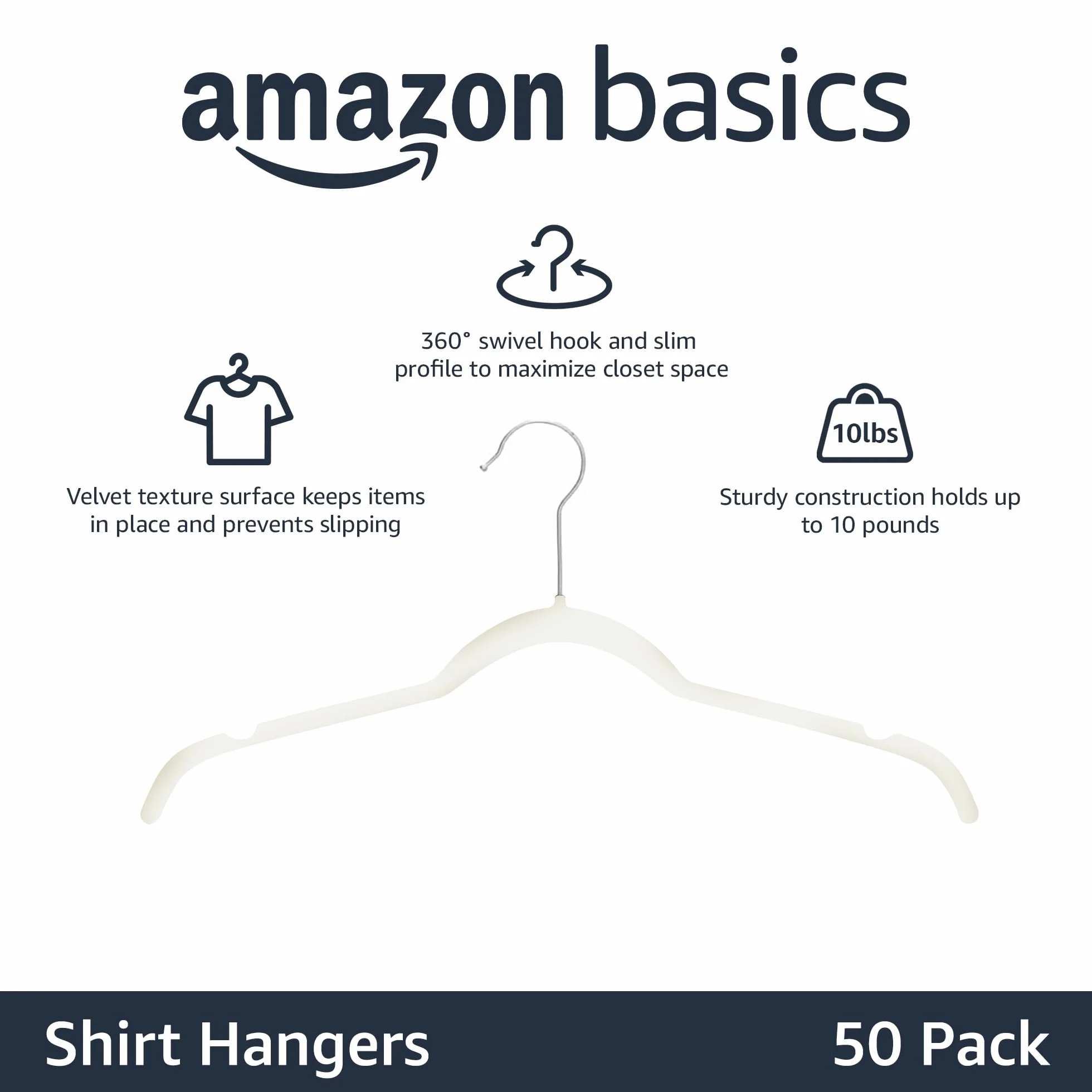 Amazon Basics Perchas de terciopelo para camisas/vestidos - Paquete de 50, Marfil