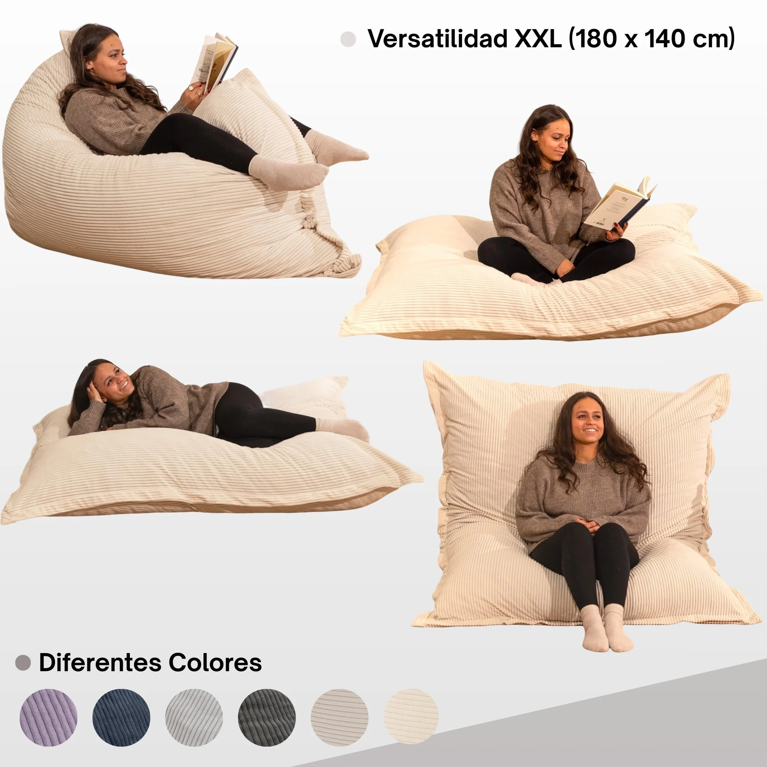 bananair - Puff Gigante de Pana Ancho - Suave y Confortable - Puff Cama con Relleno de Espuma Incluido, Óptimo Apoyo para la Espalda - Bean Bag, Sofa Puff XXL Muy Cómodo (180 x 140 cm, Blanco Roto)