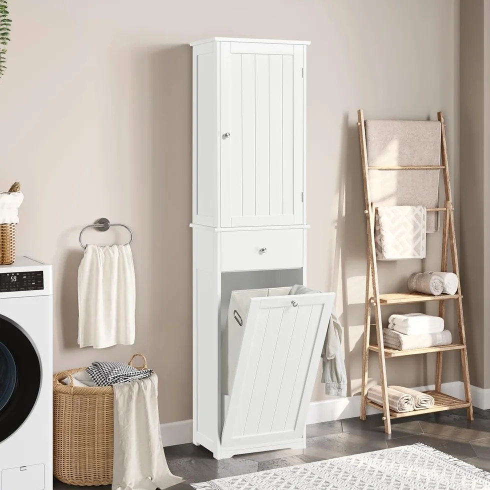 Yaheetech Armario de de Baño Alto Mueble Auxiliar de Baño 45x30x180 cm Armario Estrecho con 1 Armario Cerrado de 3 Estantes Ajustables 1 Cajón y 1 Cesta de Lavandería Blanco
