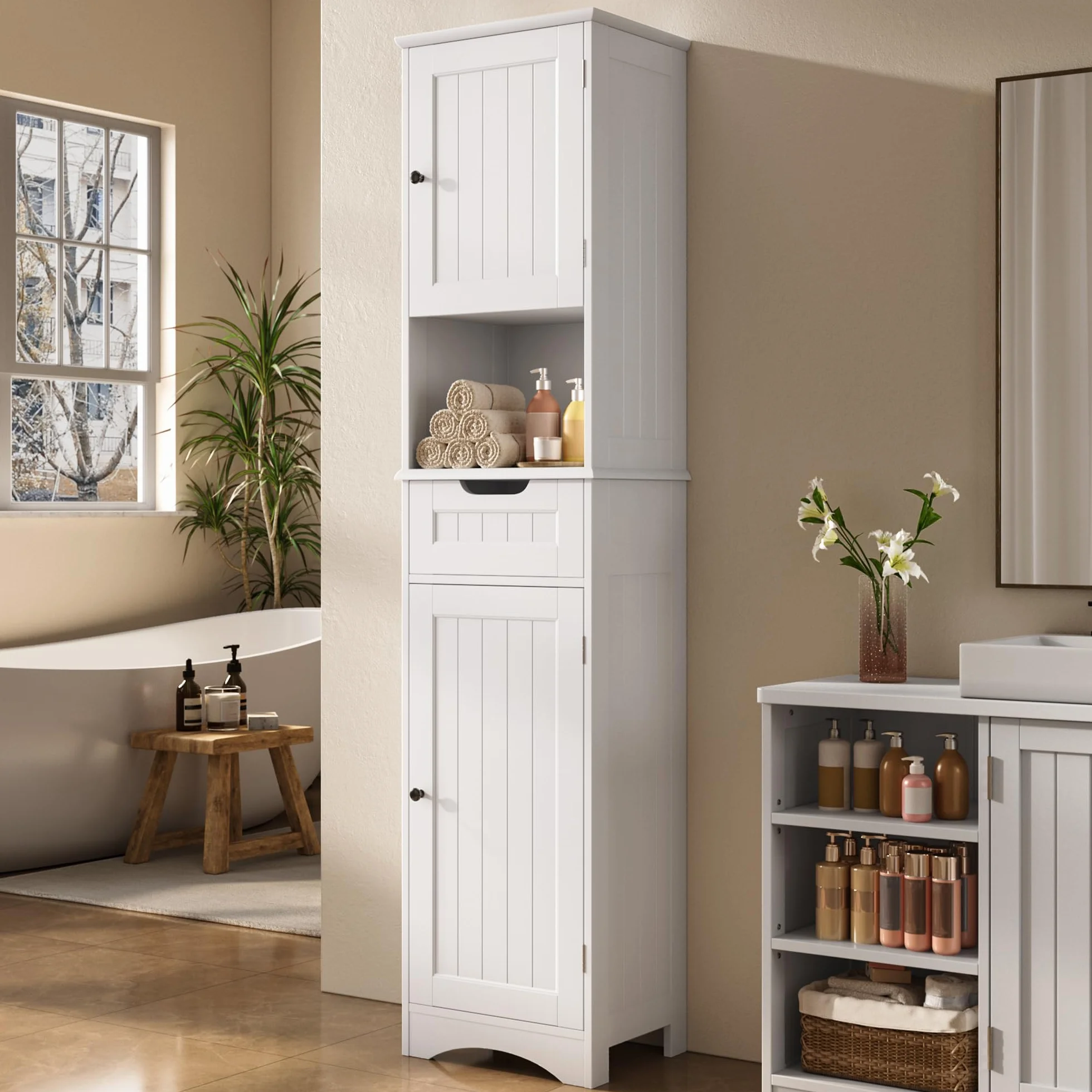 Mueble de Baño Alto 170cm Blanco 30x40cm con Cajón y Puertas Estante Antivuelco