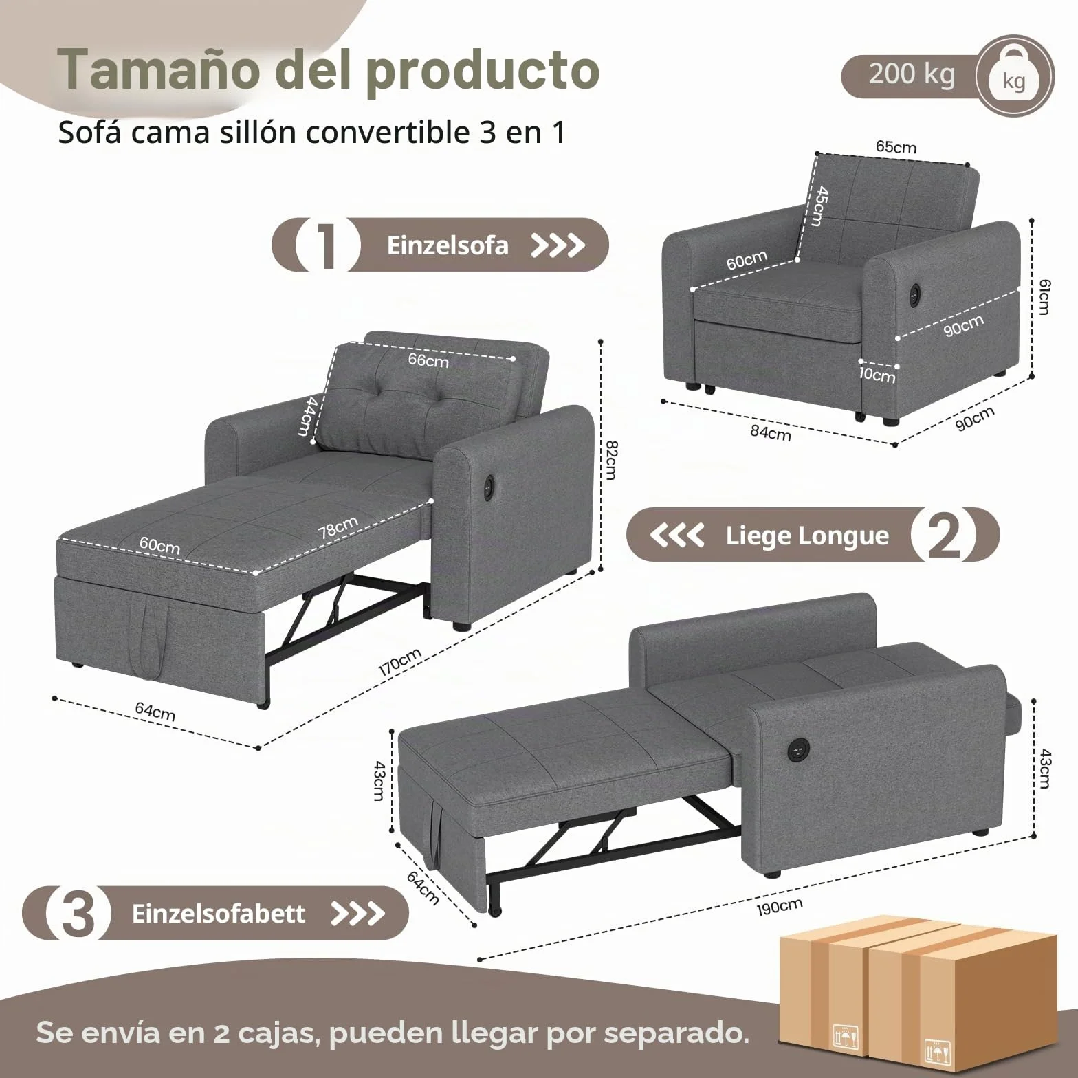 Sofá Cama 3 en 1 Convertible con USB y Puerto Type-C, Sillón Cama con Respaldo Ajustable en 3 Posiciones y Cojín, Bolsillo Lateral, Soporta 200 kg, Ideal para Apartamento y Salón, Gris Oscuro