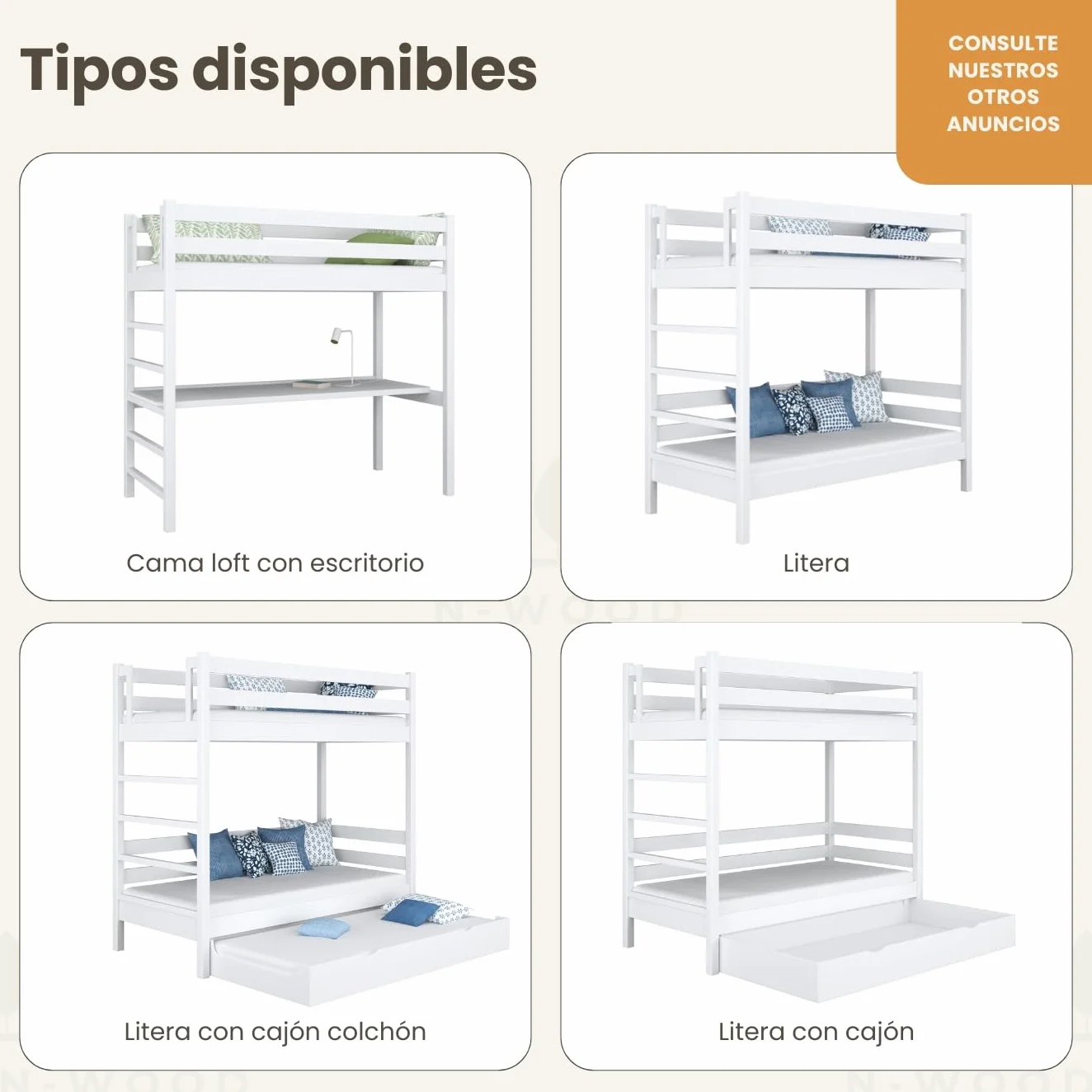 N01 Cama Loft 90x200 cm, 100% Madera Maciza, Cama Alta para niños y Adultos, Escalera Universal: Derecha o Izquierda, Somier Incluido, Sin Tornillos salientes, Hecho a Mano, Blanco