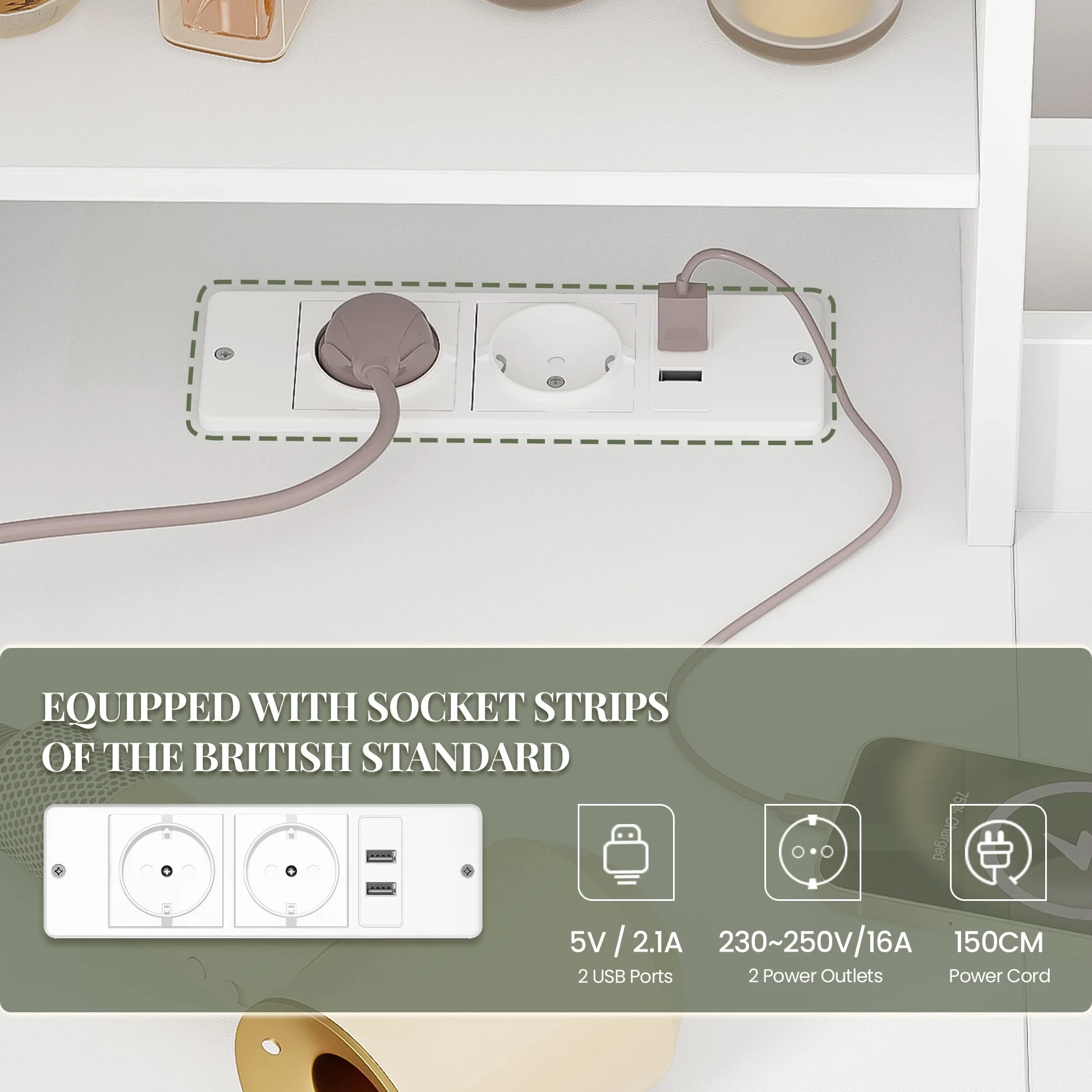 HEXCELEN Tocador de Maquillaje con Espejo LED, Brillo Ajustable, Mesa de Maquillaje con Toma de Corriente, Tocador con Taburete, 5 Cajones, Estantes de Almacenamiento, 40 × 120 × 139 cm, Blanco