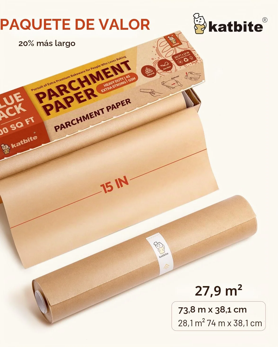 Papel pergamino para hornear sin blanquear, 38 cm x 74 m
