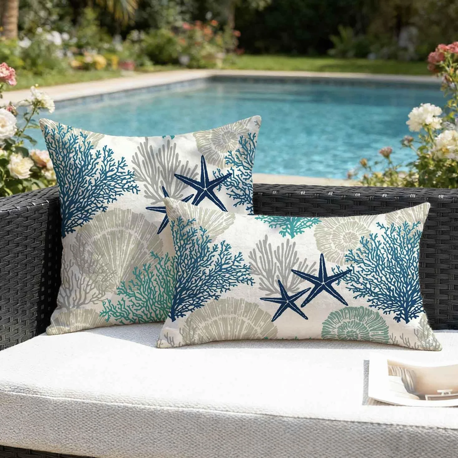 Funda Cojin Impermeable 50x30 cm Estrellas de Mar y Algas Gris Turquesa para Exterior Paquete de 2