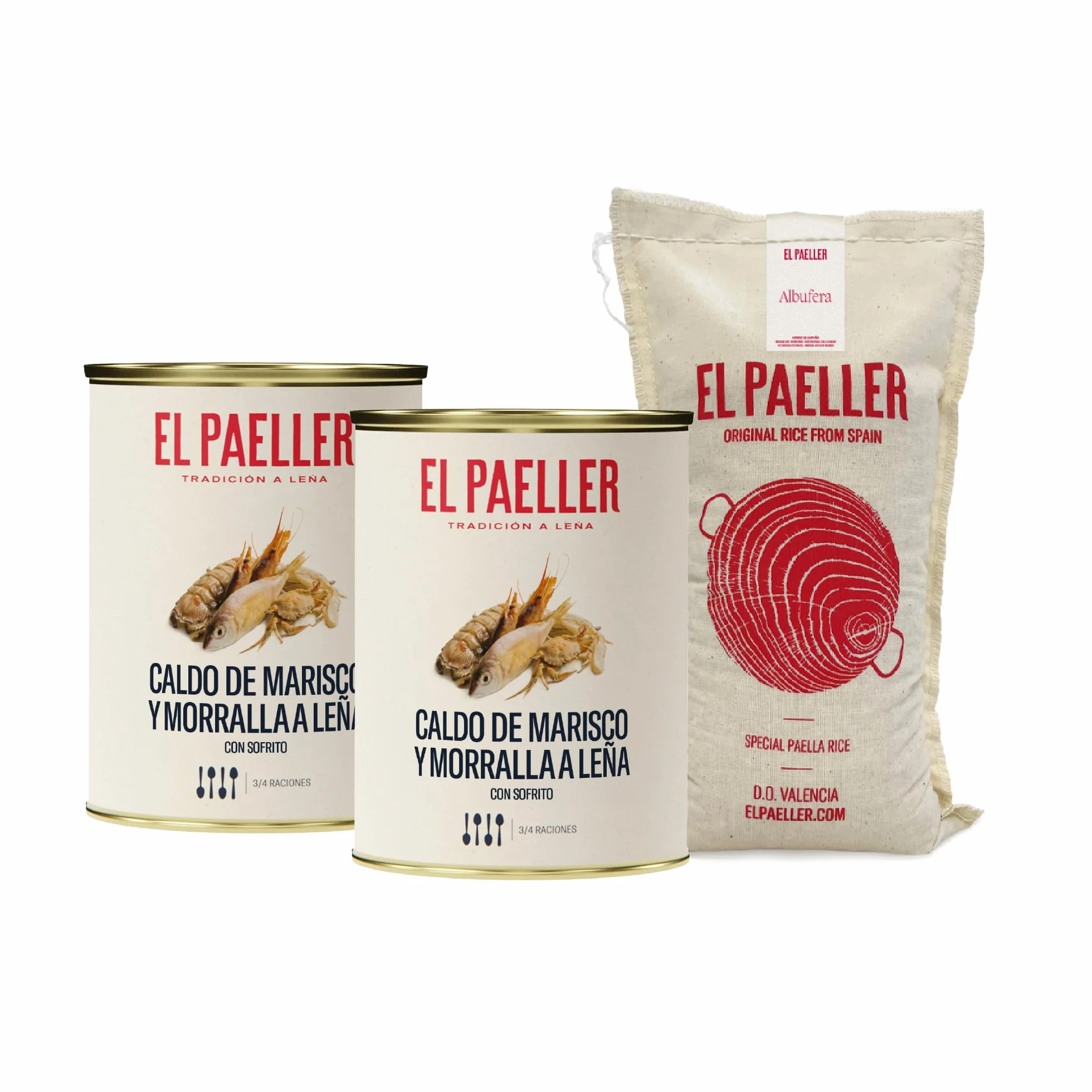 EL PAELLER Caldo de Marisco a Leña Arroz Albufera D.O. Valencia Pack Completo 2 Latas 2L Saco 500g