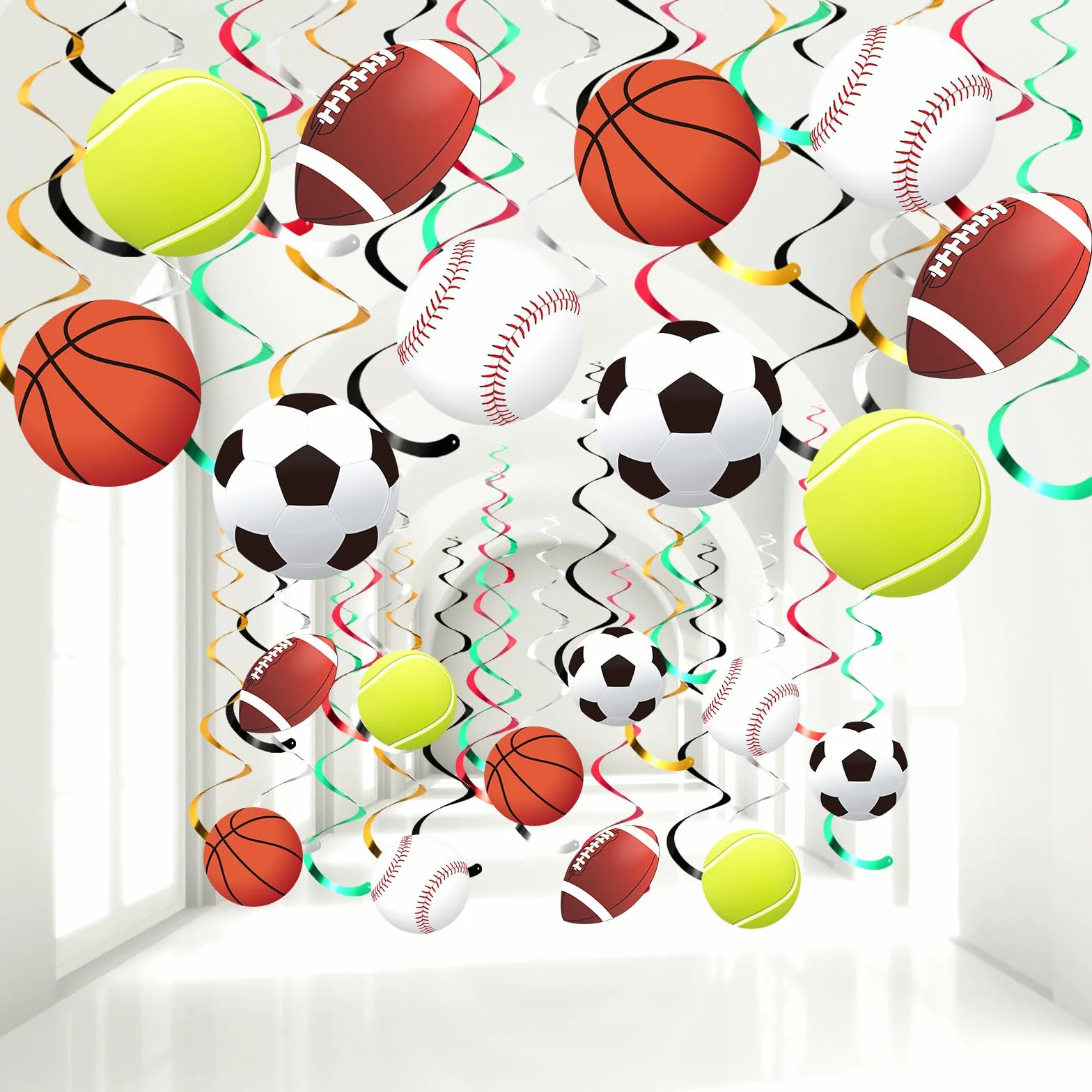 Dianelhall 60 Decoraciones Remolinos Colgantes de Fiesta Deportiva Serpentinas de Techo con Recortes de Pelota de Baloncesto Fútbol Béisbol Tenis Fútbol Americano Cumpleaños con Tema Deporte