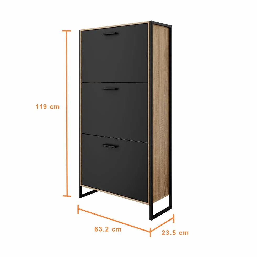 CASABEL, Mueble para Calzado Industrial (18 Pares), Armario para Zapatos, Almacenamiento de Entrada, Gran Capacidad, Ahorro de Espacio, Entrada Pasillo, Puertas Negras, Marco Madera Clara, Empresa