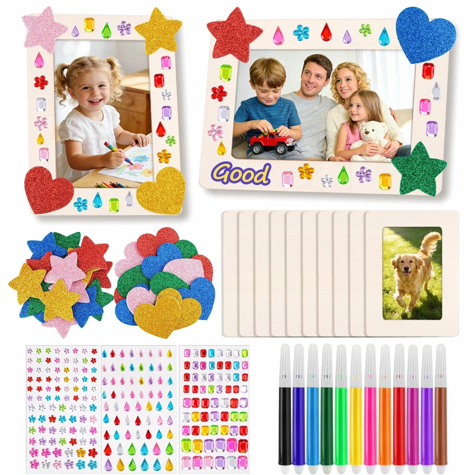 10 Pcs Marco de Foto Decoración para Niños, 19 x 14 cm Marcos de Madera para Manualidades, DIY Marco Fotos con 12 Rotuladores y Pegatinas, Ideal para Cumpleaños Infantiles, Manualidades