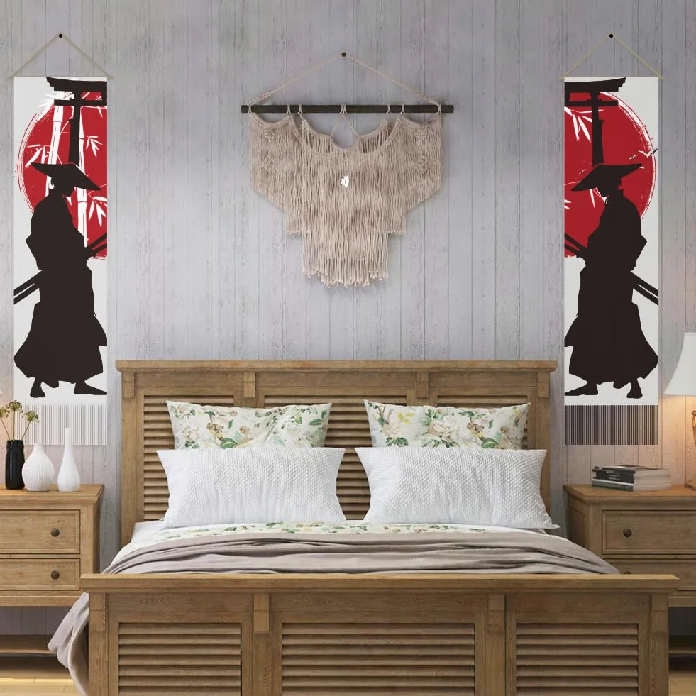 AHANDMAKER Tapiz samurai japonés, 2 piezas, blanco y negro, sol rojo genial, decoración colgante de pared, tapiz vertical largo para dormitorio, sala de estar, decoración bohemia mística de habitación
