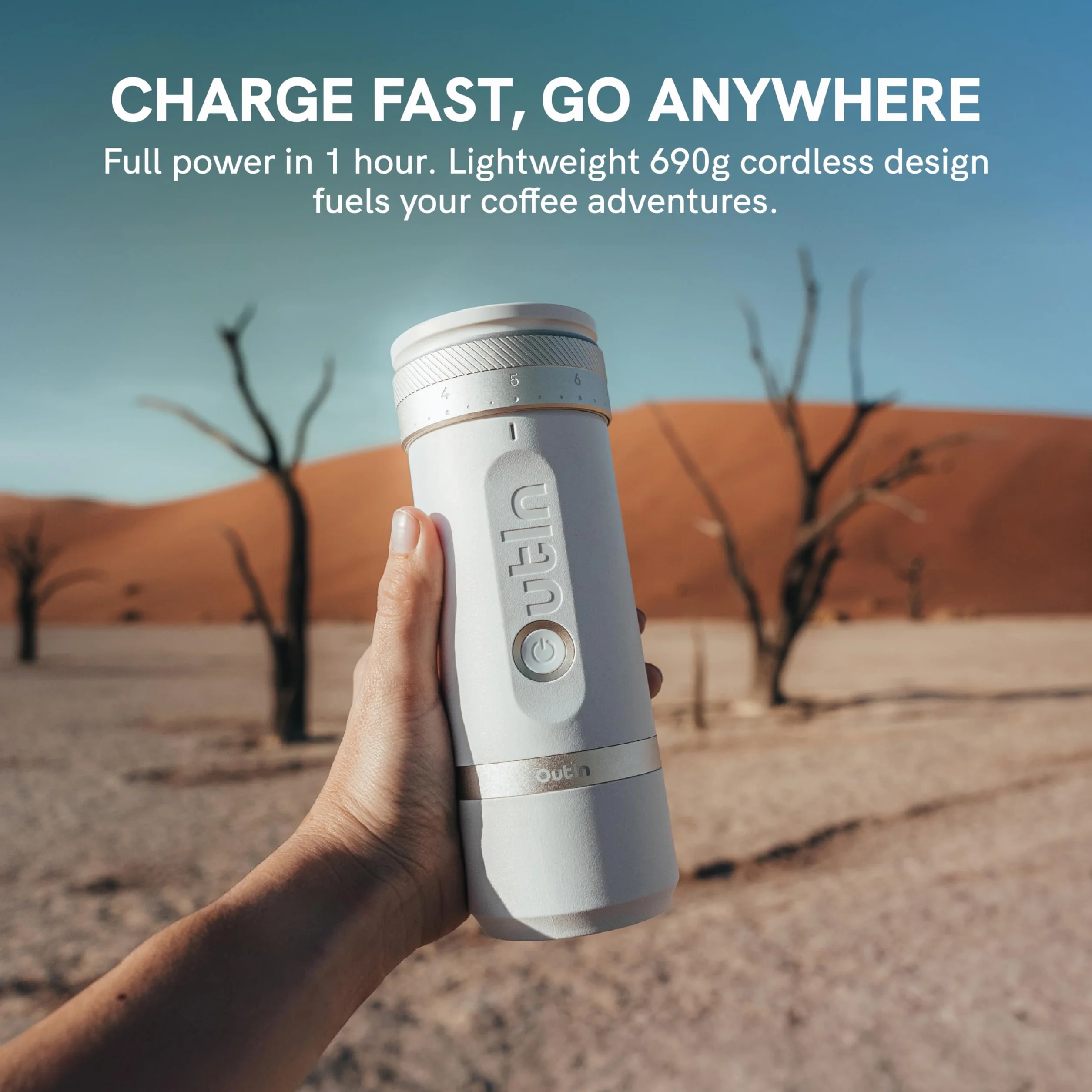 OutIn Fino Molinillo de café eléctrico portátil, molinillo de granos de café ajustable con 28 ajustes de molienda precisos, molinillo de café con rebaba de un botón con batería de carga rápida