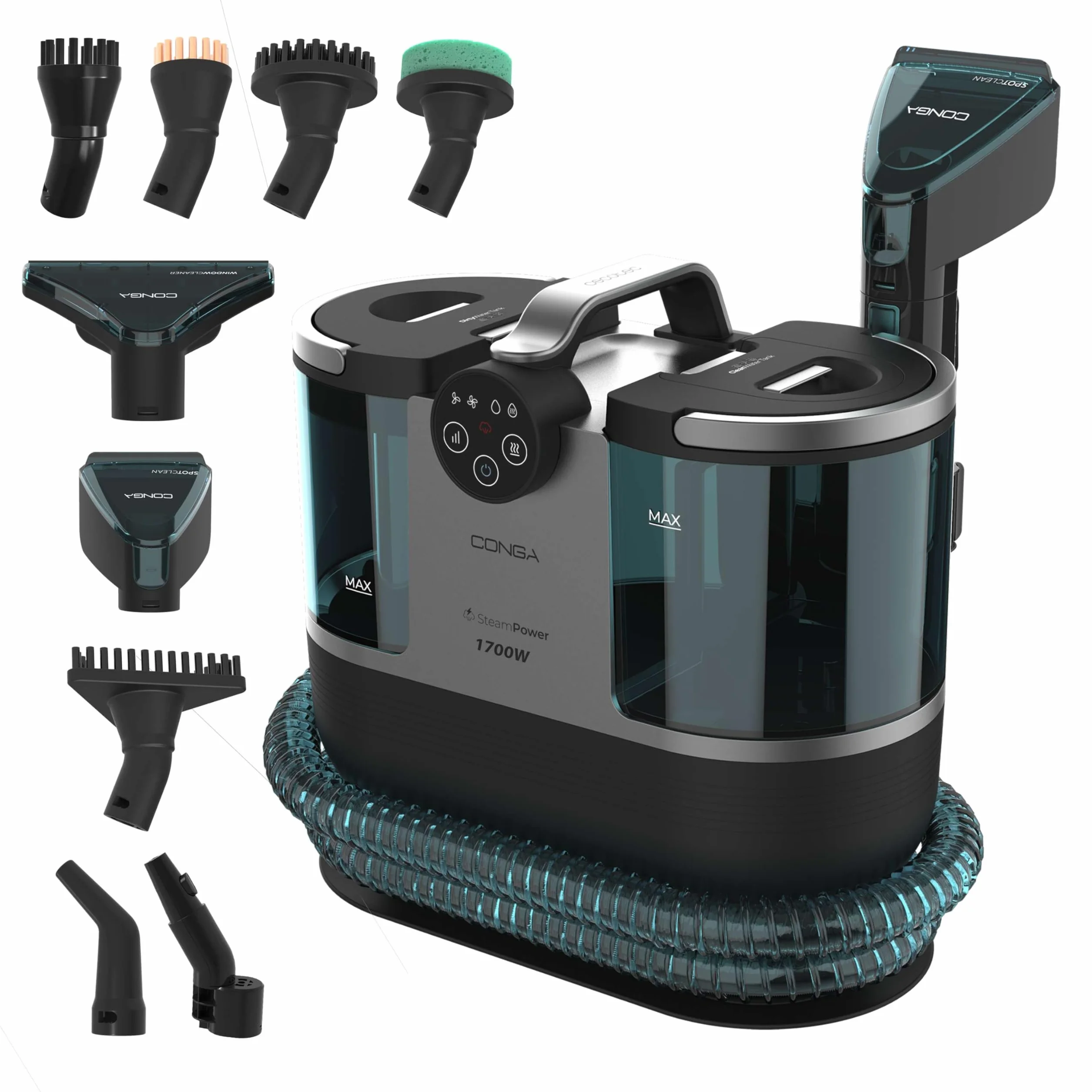 Cecotec Limpiatapicerías Conga 7000 Carpet&Spot Clean Steam XXL Pro. 1700W, Función 3 en 1, Limpieza con Vapor y Agua Caliente, Radio de 9 Metros, 15 Accesorios, Limpiacristales, Autolimpieza
