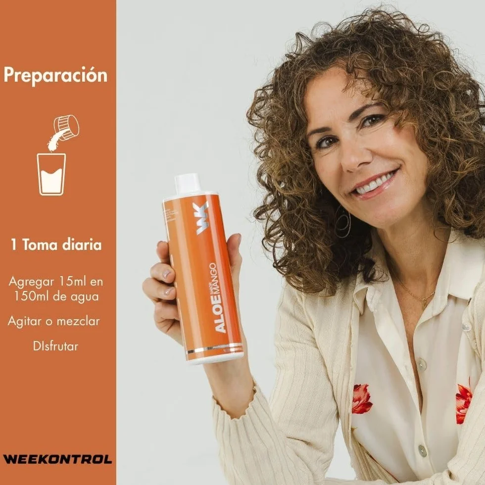 Weekontrol Aloe Vera Puro 99% Zumo sin Azúcares Añadidos Sabor Mango y Mandarina Bebida Digestiva e Hidratante 480ml