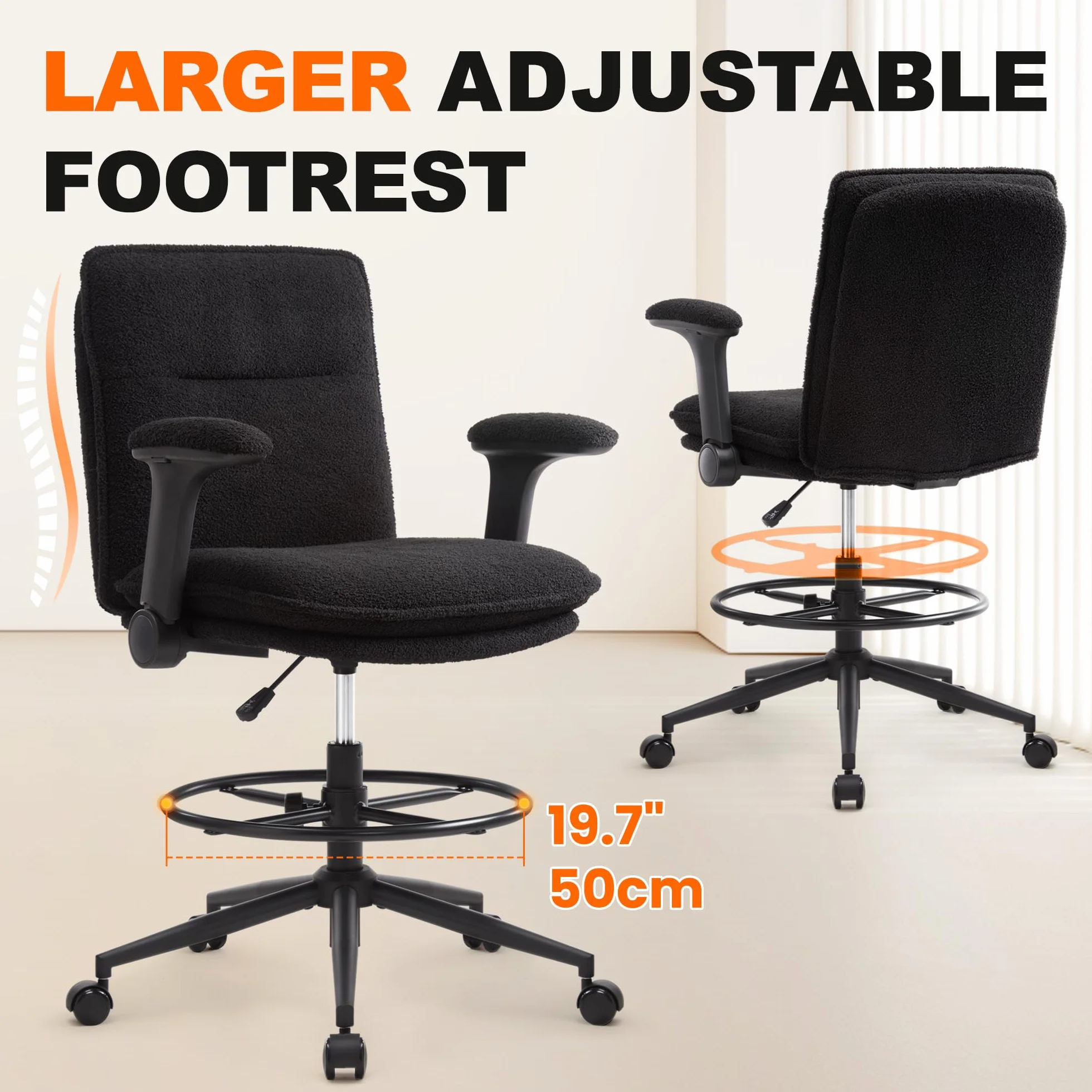Silla de trabajo ergonómica regulable en altura, giratoria con reposapiés ajustable y reposabrazos plegables negra
