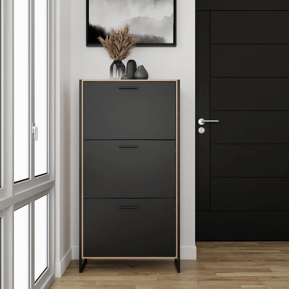 CASABEL, Mueble para Calzado Industrial (18 Pares), Armario para Zapatos, Almacenamiento de Entrada, Gran Capacidad, Ahorro de Espacio, Entrada Pasillo, Puertas Negras, Marco Madera Clara, Empresa
