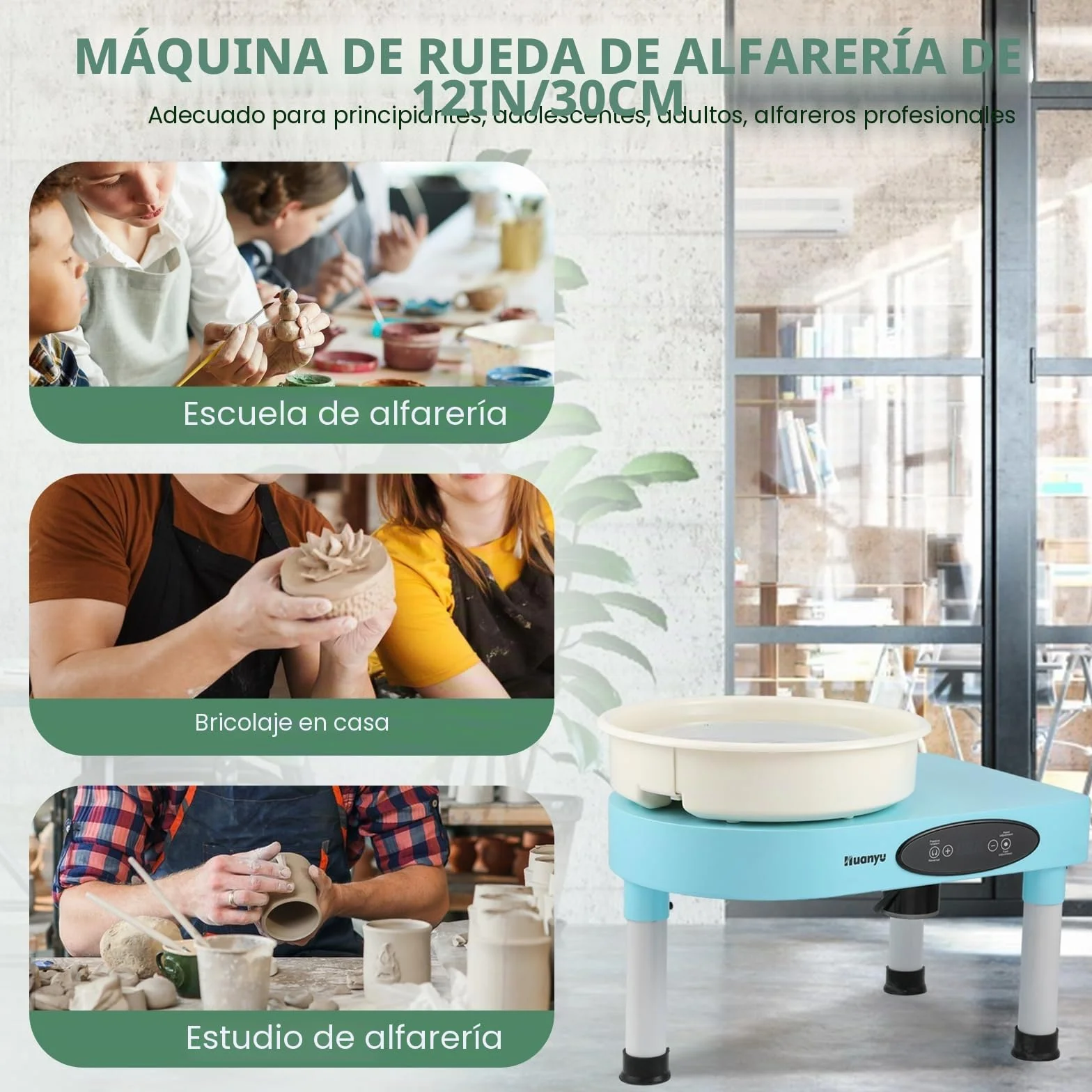 Huanyu Volante de Alfarería de 30cm con Patas Ajustables y Pedal 350W Máquina Eléctrica de Cerámica con Cubeta Desmontable 0-320RPM Máquina Formadora de Cerámica con Kit de Herramientas de Alfarería