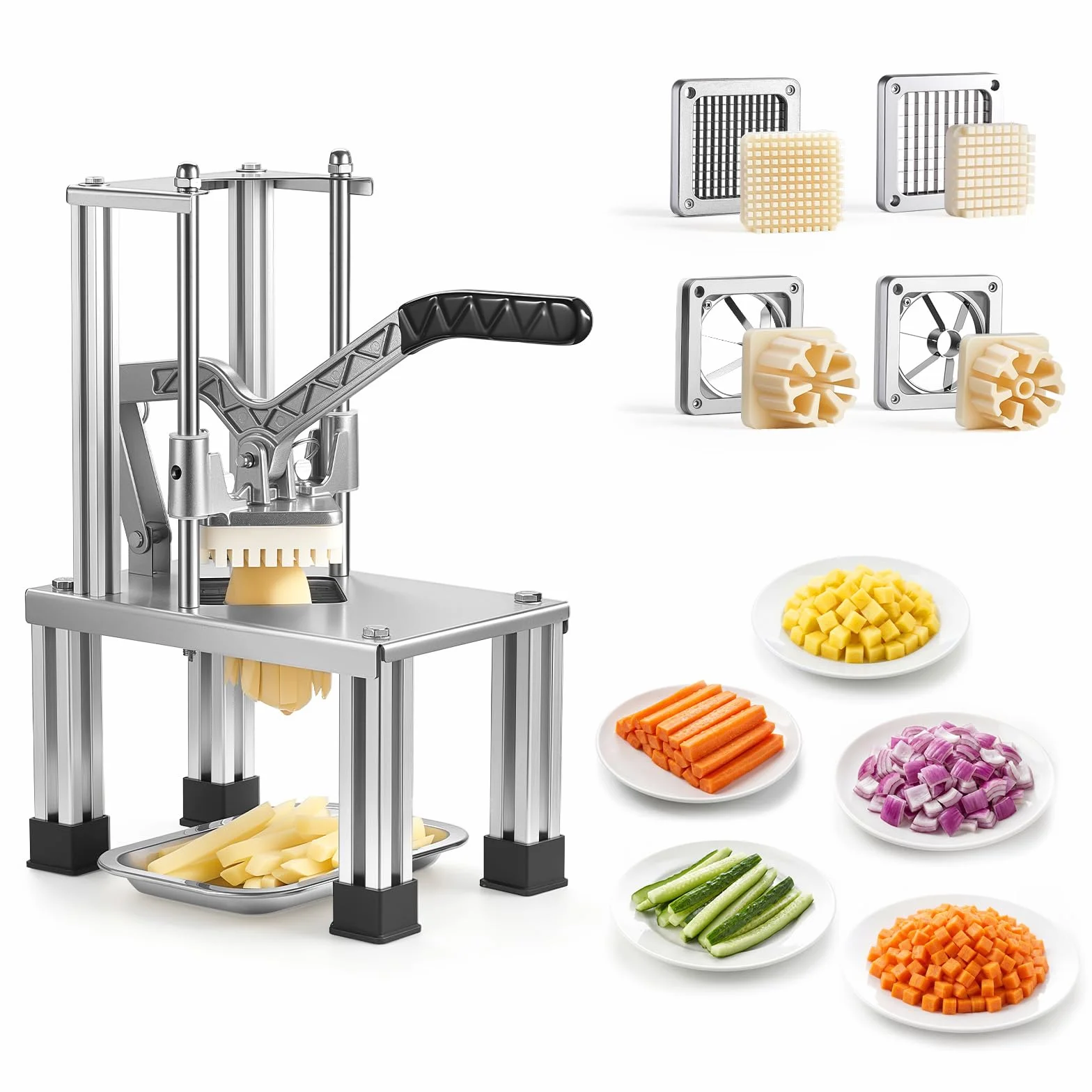 VEVOR Cortador de Patatas Fritas con 4 Cuchillas de Repuesto 0,9 cm, 0,6 cm, 6 Cuñas y Descorazonador de 6 Cuñas, Cortadora de Verduras Soporte Estable en 4 Esquinas para Restaurantes, Cocinas