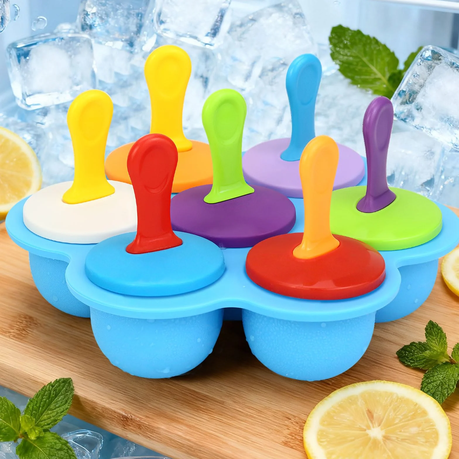Molde Helados Silicona 7 Cavidades con Palo Sin BPA Apto Horno Lavavajillas Azul