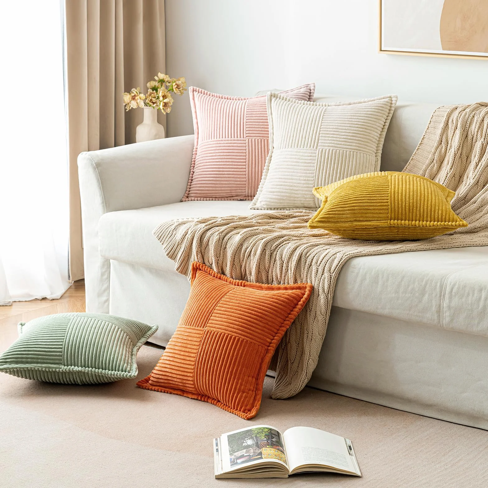 MIULEE Funda de Cojines para Sofá 30x50 cm Funda de Almohada de Corduroy Súper Suave Cojin de Pana a Rayas Decoración Moderna para Sofá Silla Cama Sala de Estar Dormitorio 2 Piezas Creme