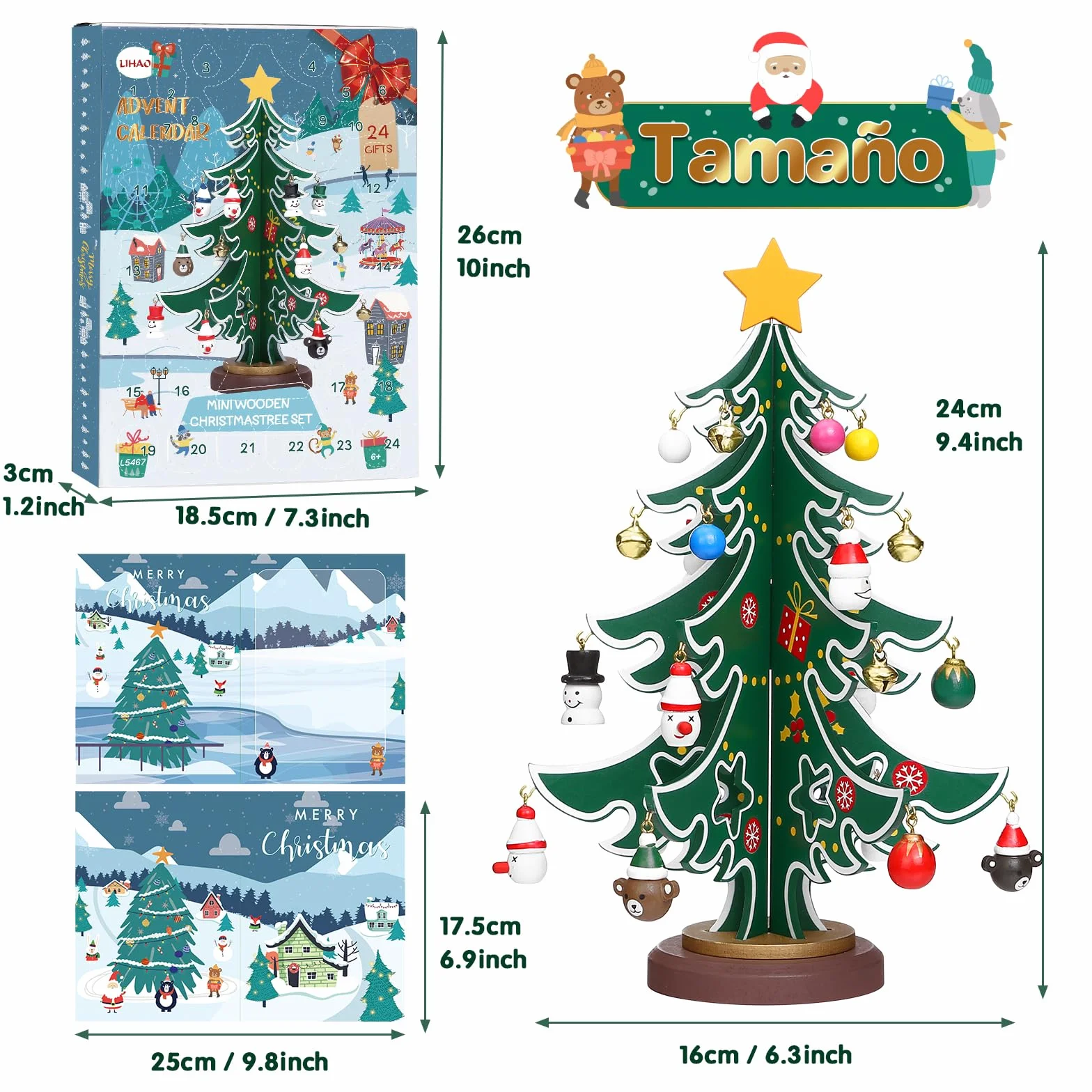 LIHAO Mini Árboles de Navidad de Madera Calendario de Adviento 24cm