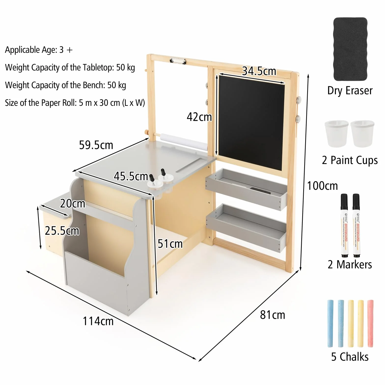 LIFEZEAL Mesa Infantil con Banco, Juego de Caballete con Pizarra de Doble Cara, Conjunto de Mesa y Silla para niños de 3+ años, Estante para Juguetes y Libros, Rollo de Papel y rotulador (Gris)