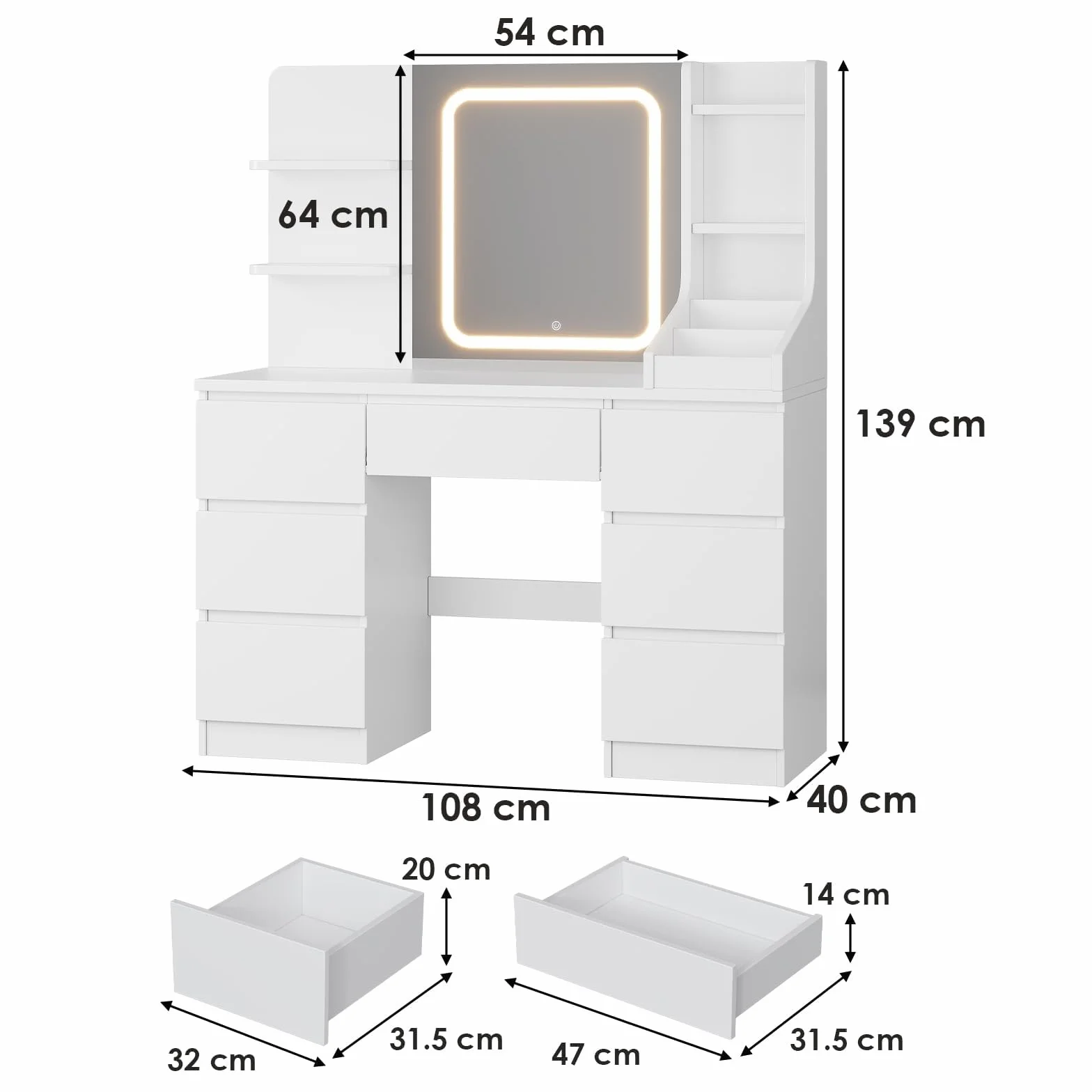 TRIUMPHKEY Tocador de Maquillaje Grande con Luces Led Regulables y Espejo, con 4 Estantes 7 Cajones 3 Compartimentos Abiertos, 110 x 40 cm Blanco