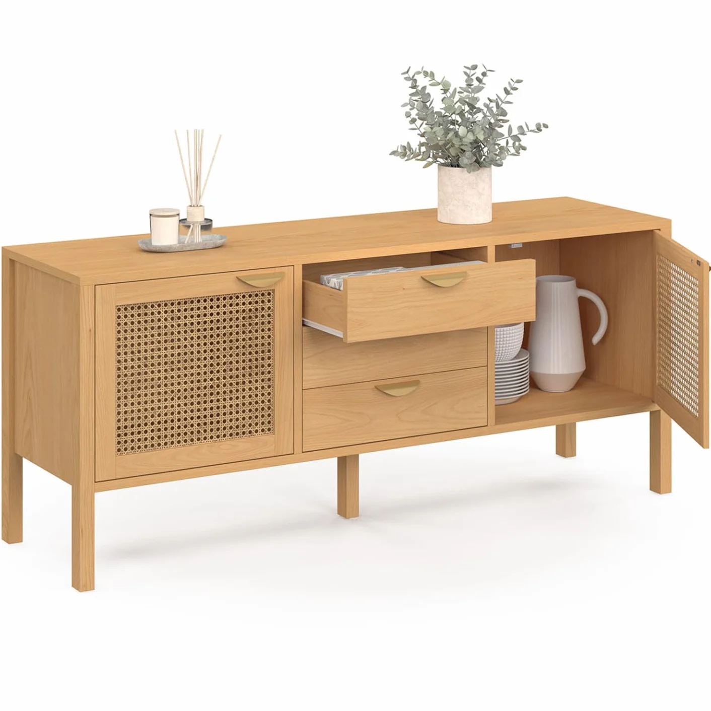 IDMarket EDHEN - Aparador bajo (140 cm, 2 puertas y 3 cajones, madera y cannado), Estanteria Almacenaje, Mueble