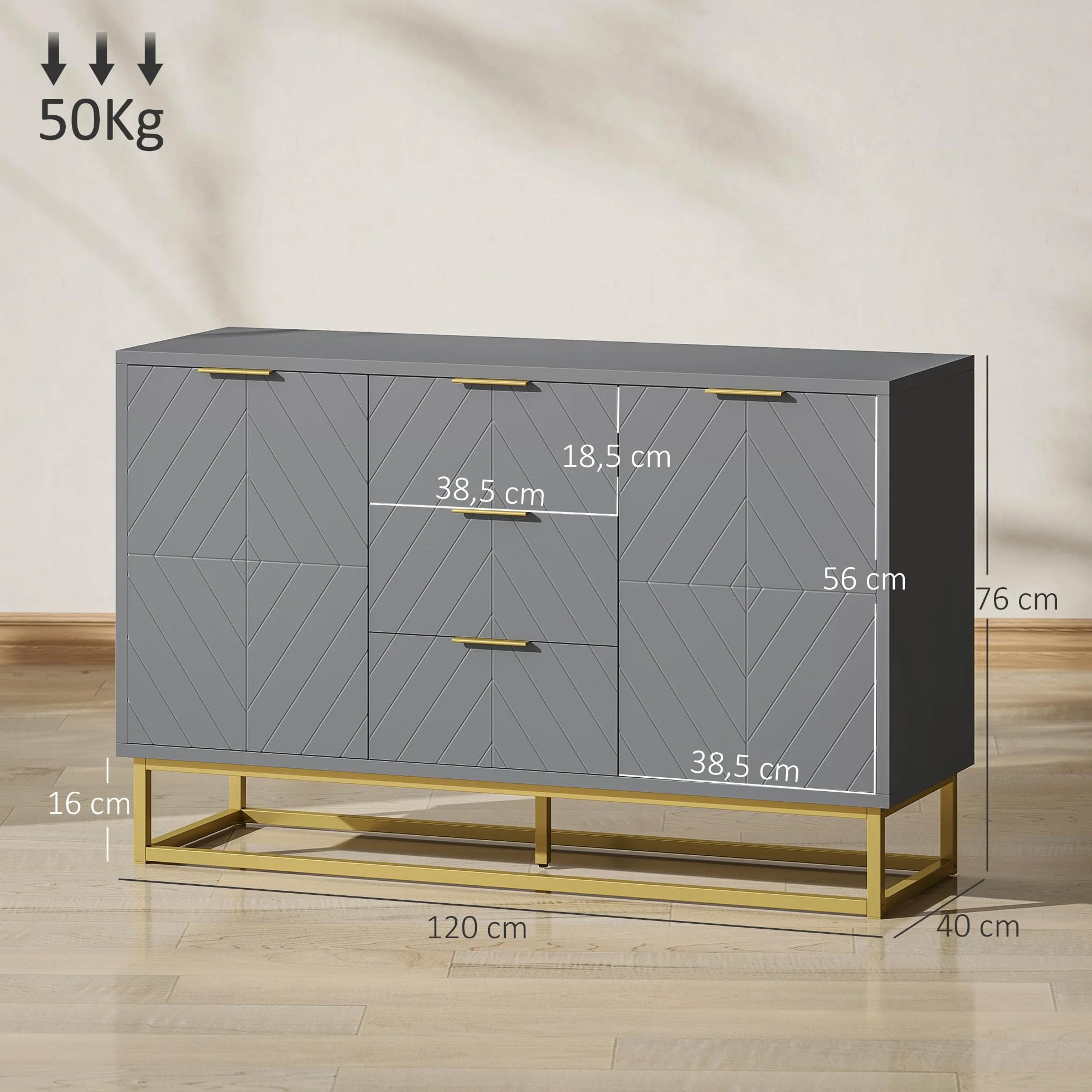 HOMCOM Aparador Moderno Aparador para Salón con 3 Cajones 2 Puertas y Estante Ajustable Mueble Auxiliar para Salón Cocina Antivuelco 120x40x76 cm Gris
