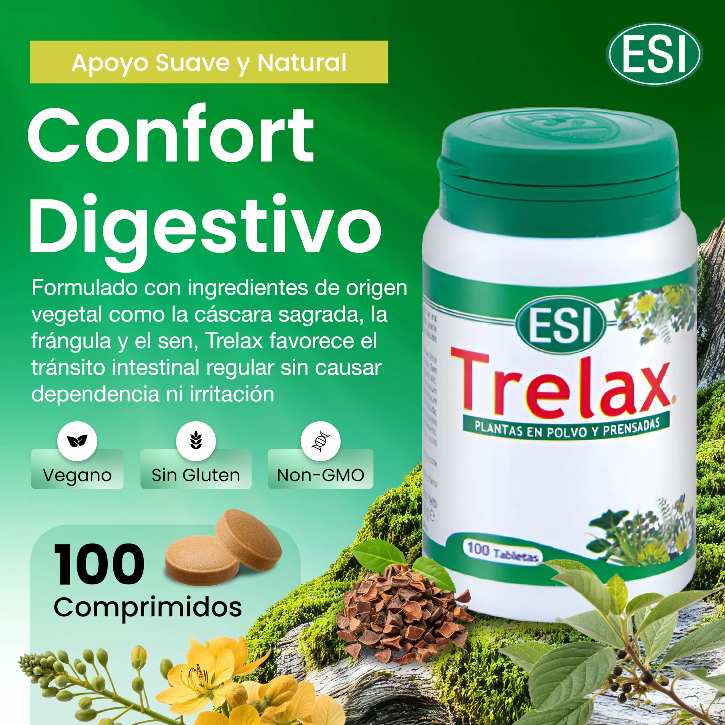 Trelax Natural para el Tránsito Intestinal Cáscara Sagrada Sen Frángula Hinojo Ruibarbo Alivio Digestivo 100 Comprimidos Veganos