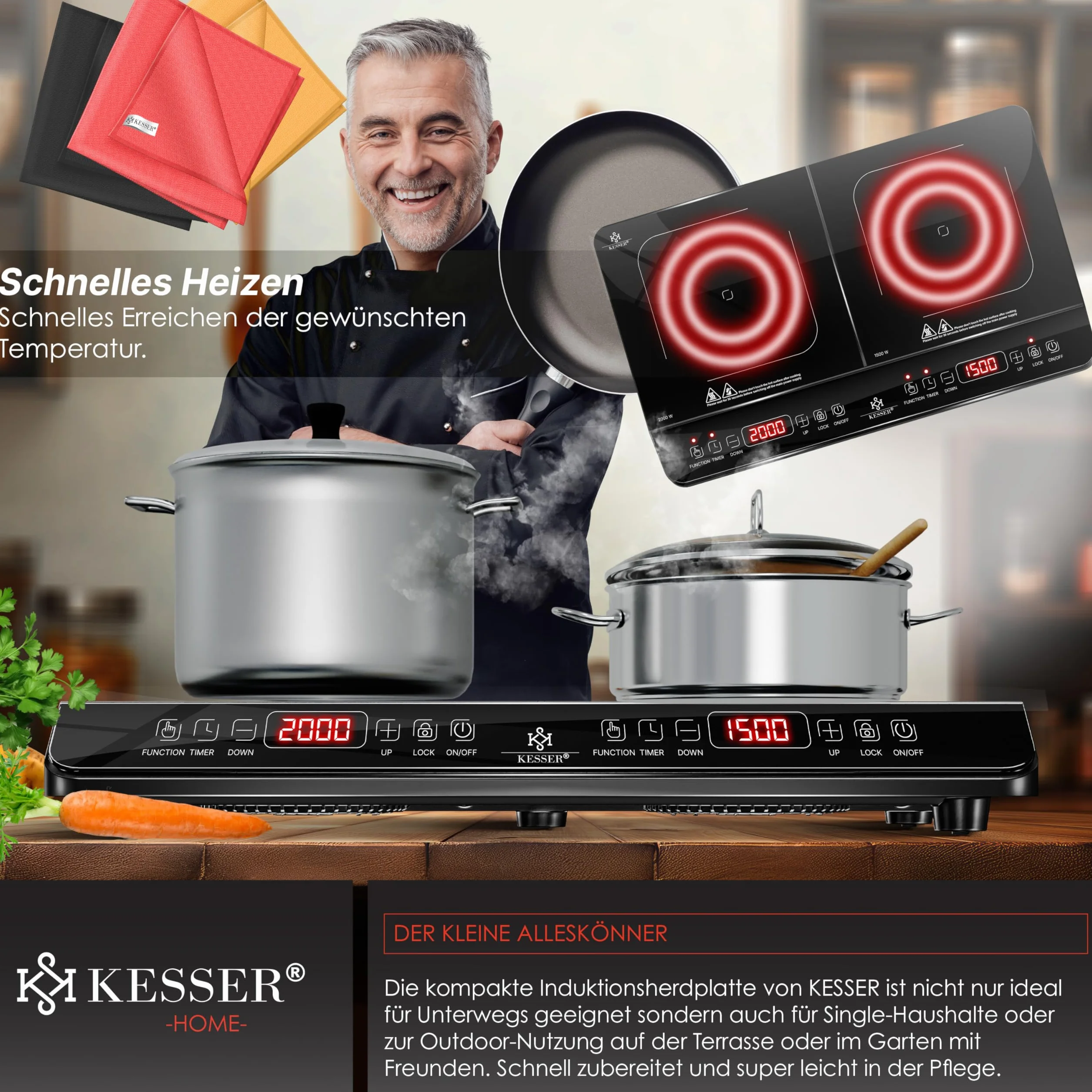 KESSER® Placa de inducción 2 placa 3500W Placa portátil de 57cm + 3 paños de microfibra + 1x libro de recetas, 8 ajustes de calor, temporizador, control táctil, función booster