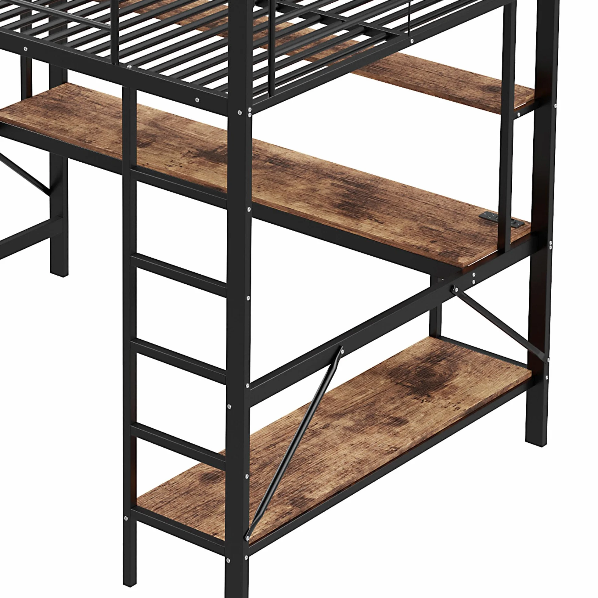 Cama alta litera 140x200 cm matrimonio metal con USB LED escritorio barandillas escalera estantes