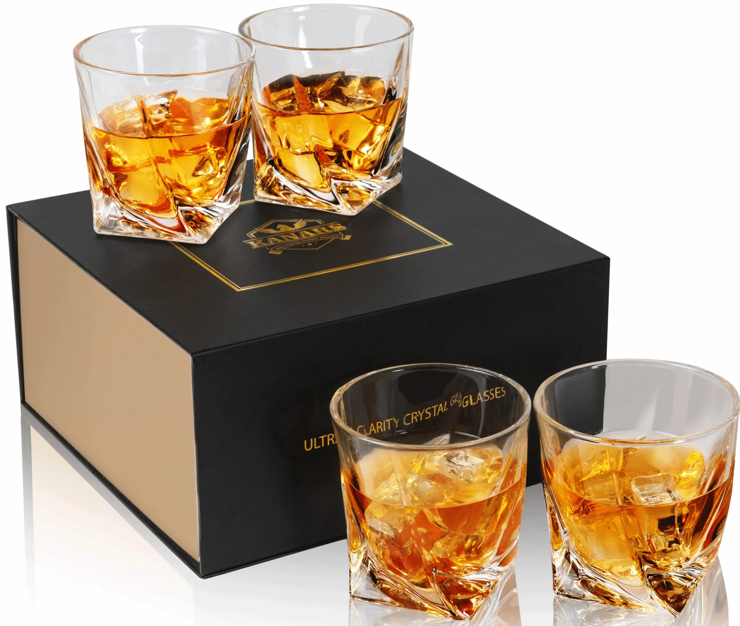 KANARS Juego de 4 vasos de whisky de cristal de 10 onzas en caja de regalo, vaso de bourbon trenzado para whisky escocés, coñac, artículos de bar de rock para hombres, regalo de Navidad